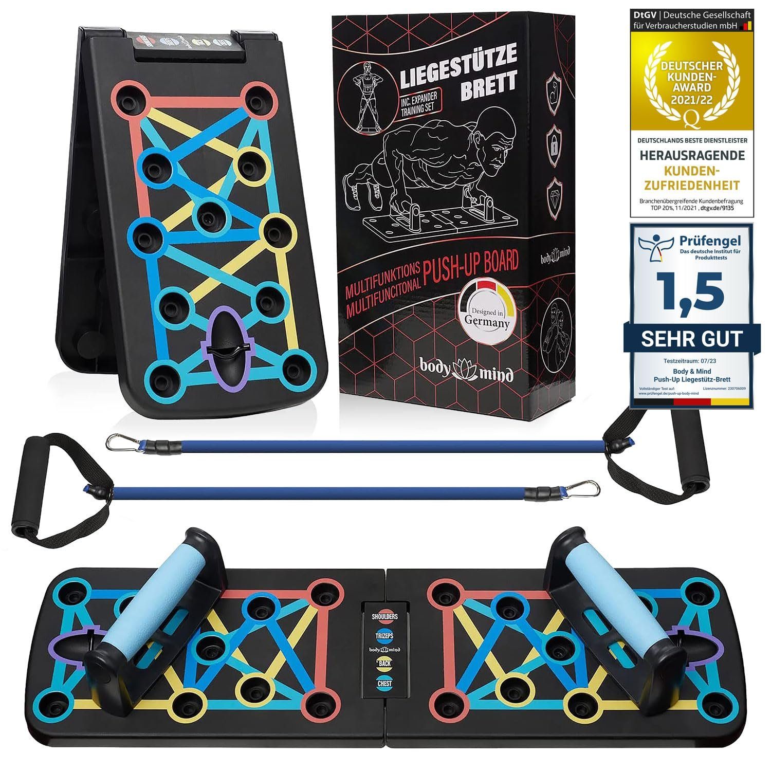 Body & Mind Liegestützgriffe 20-in-1 Liegestützbrett mit Griffen & Widerstandsbändern – Klappbar (Faltbares Multifunktions Fitness-Board, Ganzkörper-Training), Gratis Trainingsbänder
