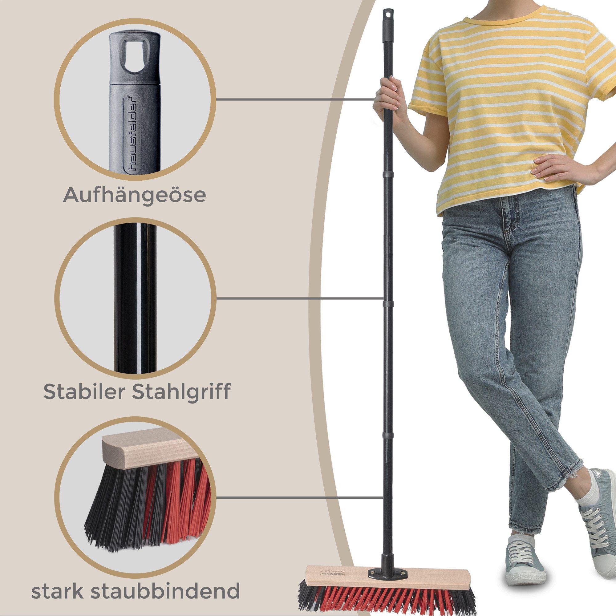 Hausfelder Straßenbesen Gartenbesen 40 cm breit mit Stiel, Terrasse, Garten, Straße, Einfahrt, (Kehrbesen mit vierteiligem Metallstiel, Besen), Besen für drauße – Bild 4 von 5