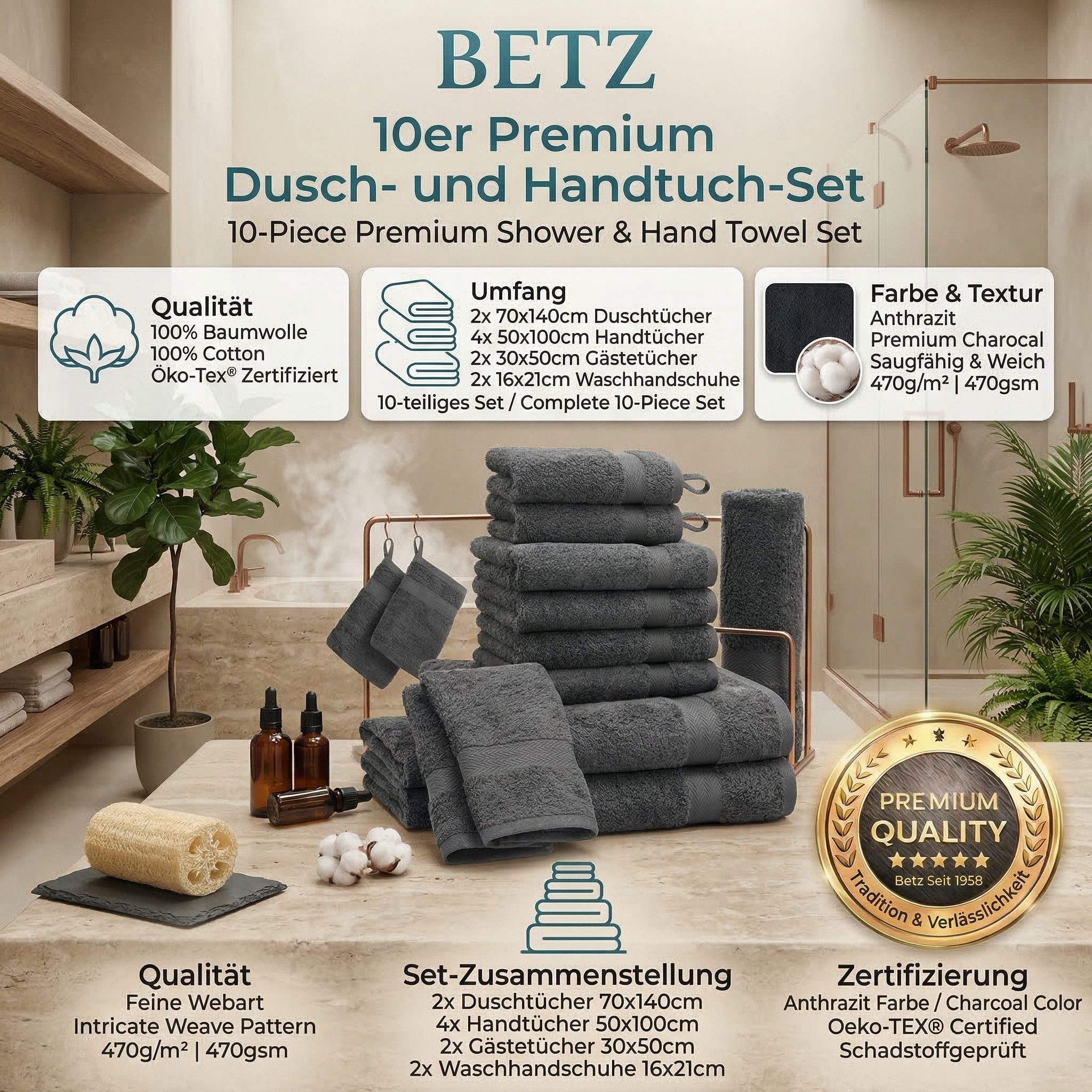 Betz Handtücher 10-teiliges Handtuch Set Premium, 100% Baumwolle (10-St), 4 Handtücher 50x100 cm, 2 Duschtücher 70x140 cm, 2 Gästetücher 30x50 – Bild 2 von 5