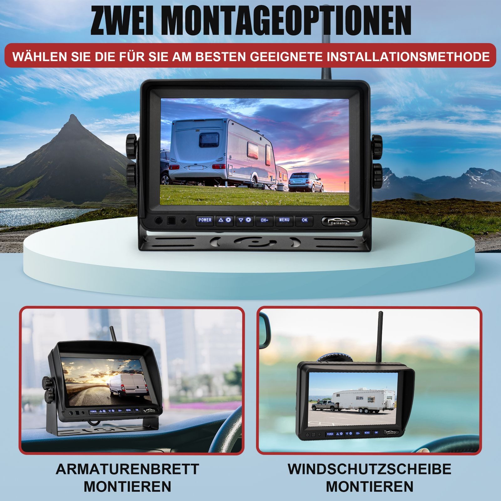 CARMATRIX Solar Rückfahrsystem mit 7" Monitor Magnet Akku Wohnmobil Wohnwagen Rückfahrkamera (Solar Funk Video Rückfahrsystem Wohnmobil Rückfahrkamera mit Magne – Bild 5 von 5