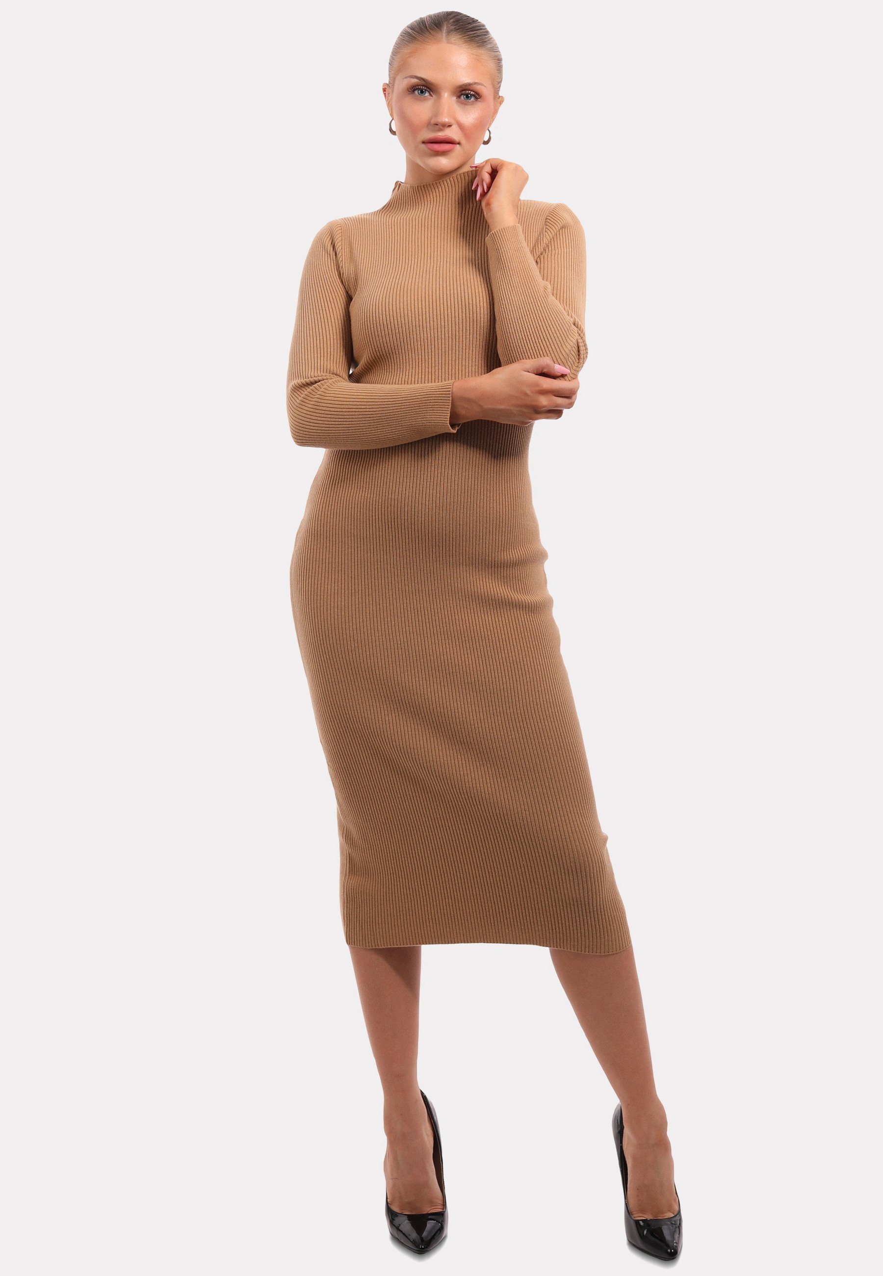 YC Fashion KNIT Unifarbe Style (1-tlg) Strickkleid Stehkragen & Strickkleid mit DRESS camel in