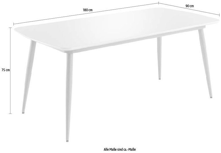 Tiefe, Tischplatte Lack, x cm 90 (1-St), INTER-FURN Esstisch Weiß cm Bozen Metallgestell 180 Breite