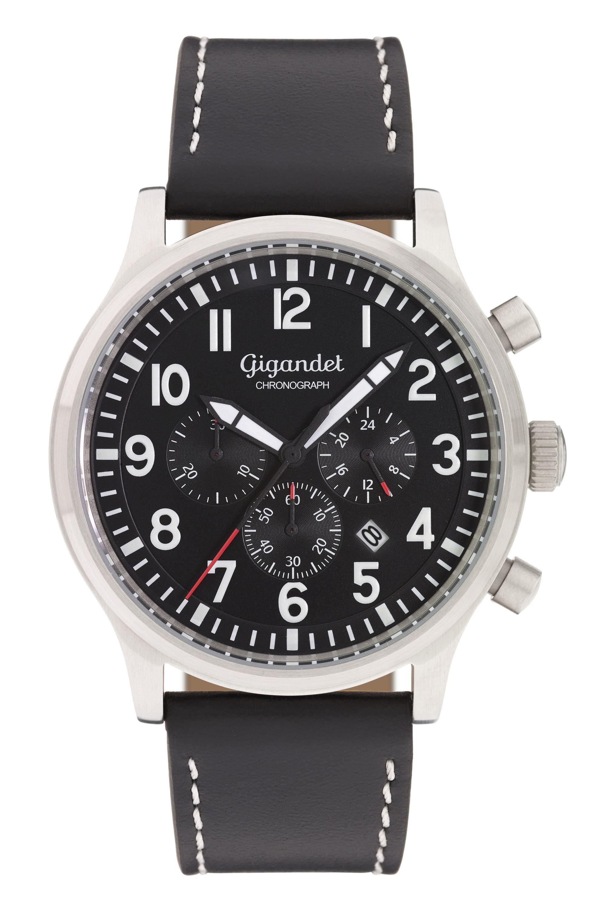 Gigandet Armbanduhr, Herrenuhr, Fliegeruhr, 46mm, DESTINATION G15-001, Mineralglas, Datumsanzeige, Lederband, 10bar/100m wasserdicht