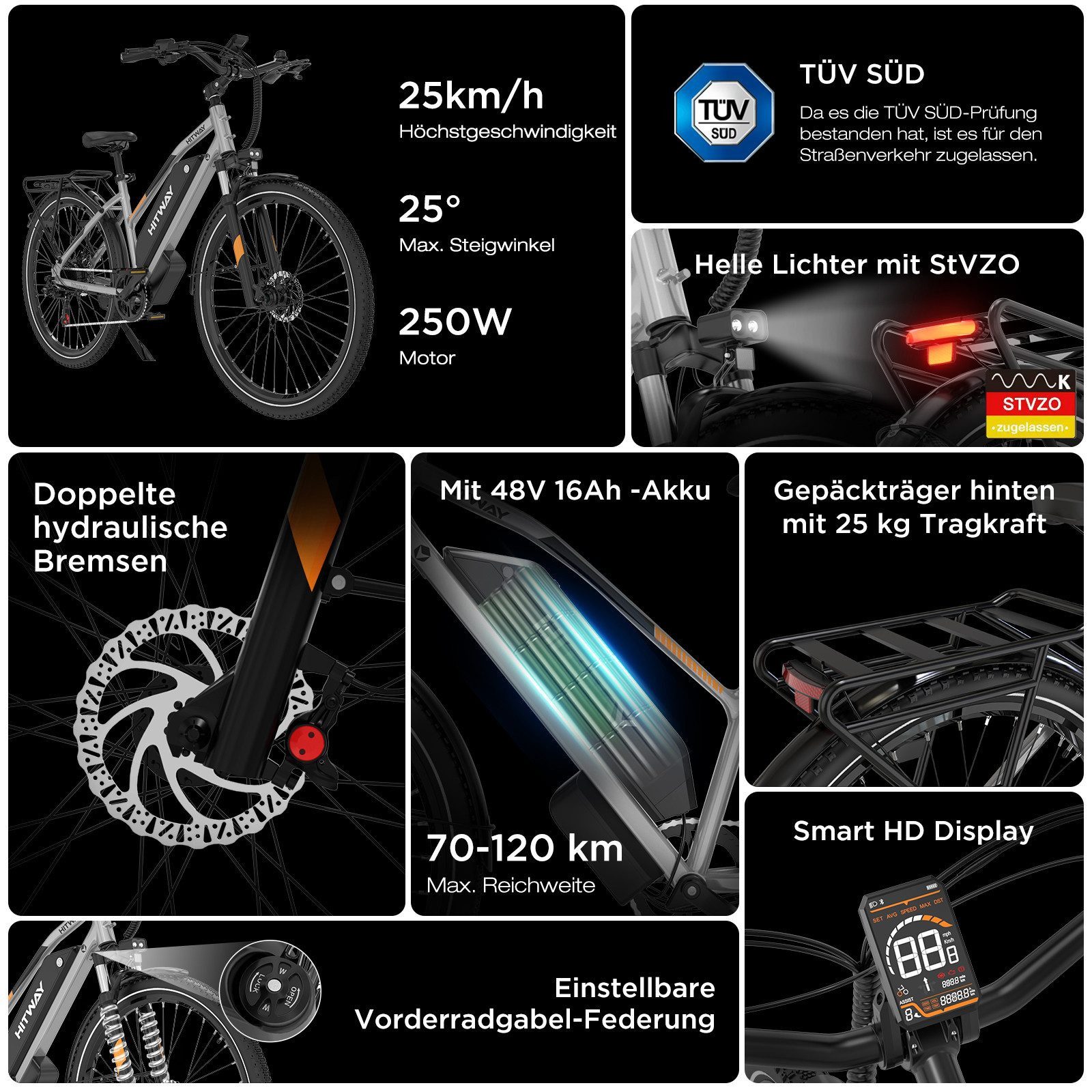 HITWAY E-Bike Cityrad 28 Zoll Elektrofahrrad 48V16Ah Akku max. 70-120km, 7 Gang shimano shimano Schaltwerk, Kettenschaltung, Heckmotor, 768 Wh, Pedelec E-Cityrad für Damen u. Herren mit APP NFC