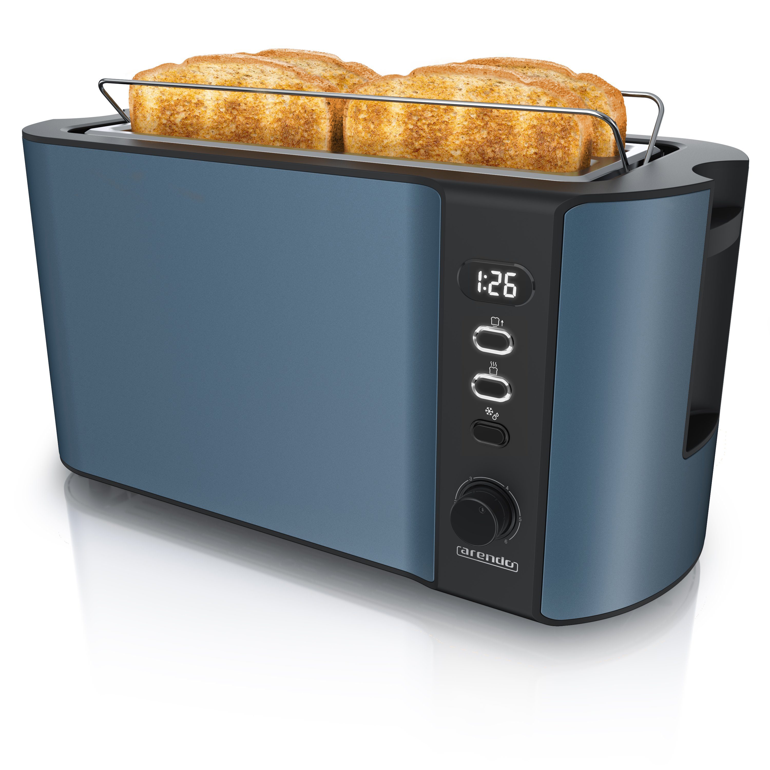 Arendo Toaster, 2 lange Schlitze, für 4 Scheiben, 1500 W, Langschlitz, Brötchenaufsatz, Wärmeisolierendes Gehäuse, Display blau
