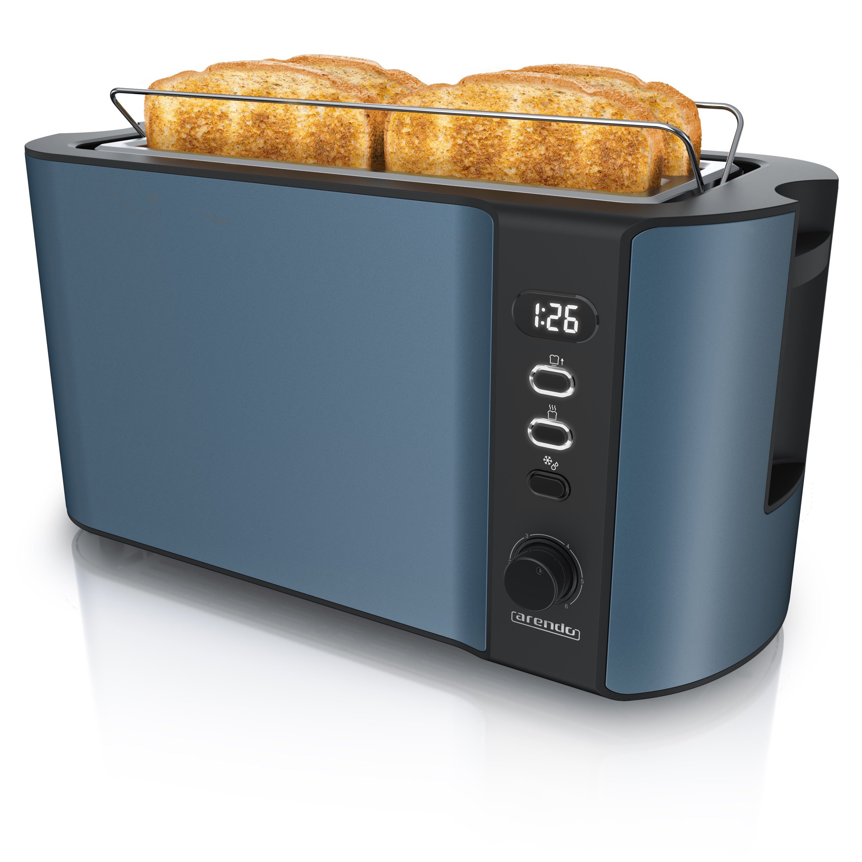 Arendo Toaster Edelstahl, Langschlitz, Display mit Restzeitanzeige, Krümelschublade, 2 lange Schlitze, für 4 Scheiben, 1500 W, Defrost Funktion, Wärmeisolierendes Gehäuse, mit Brötchenaufsatz