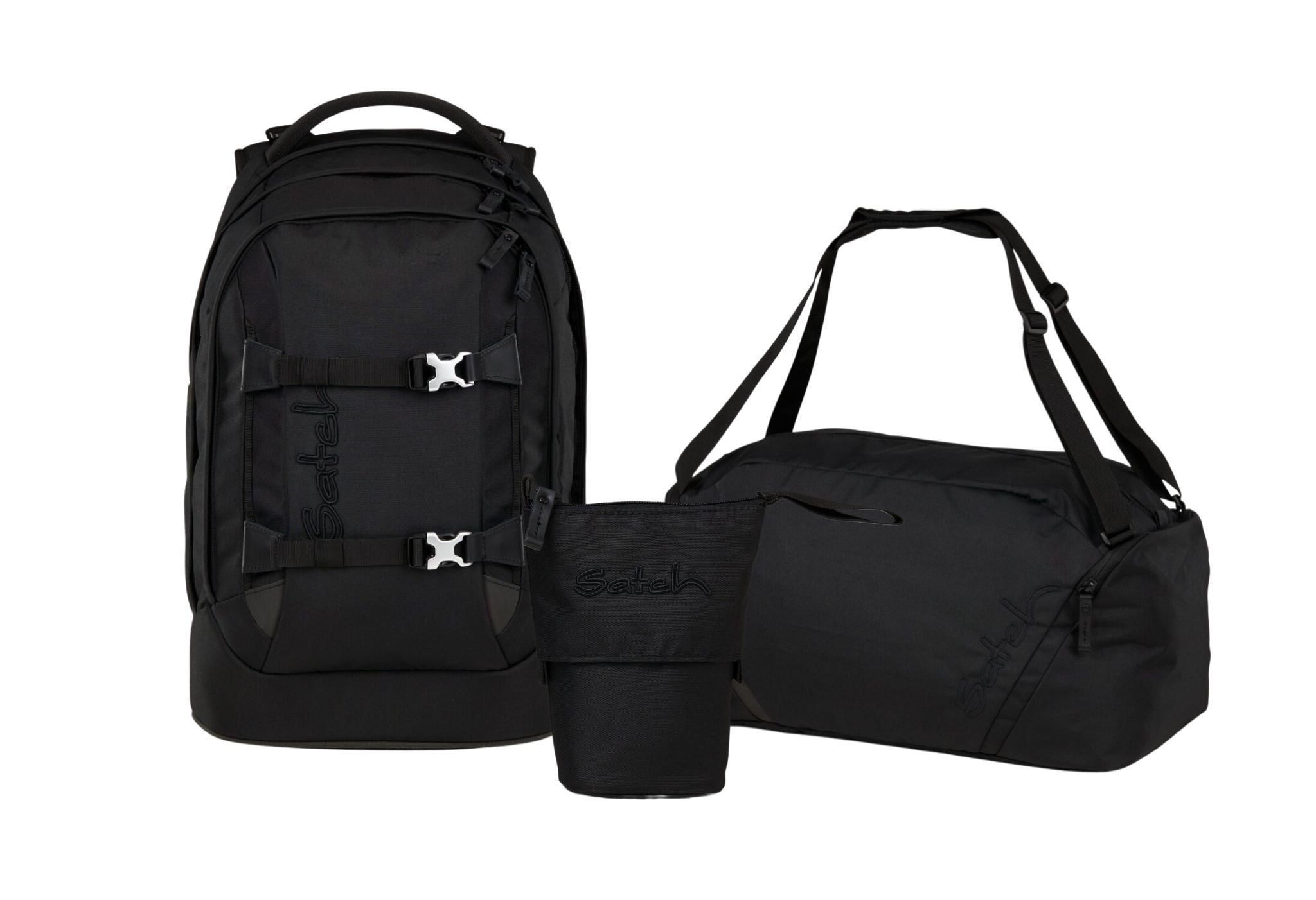 Satch Schulranzen Schulrucksack-Set PACK Nordic Black 3-teilig (3-teilig), ergonomisch, Your-Size-System: auf Körpergröße anpassbar