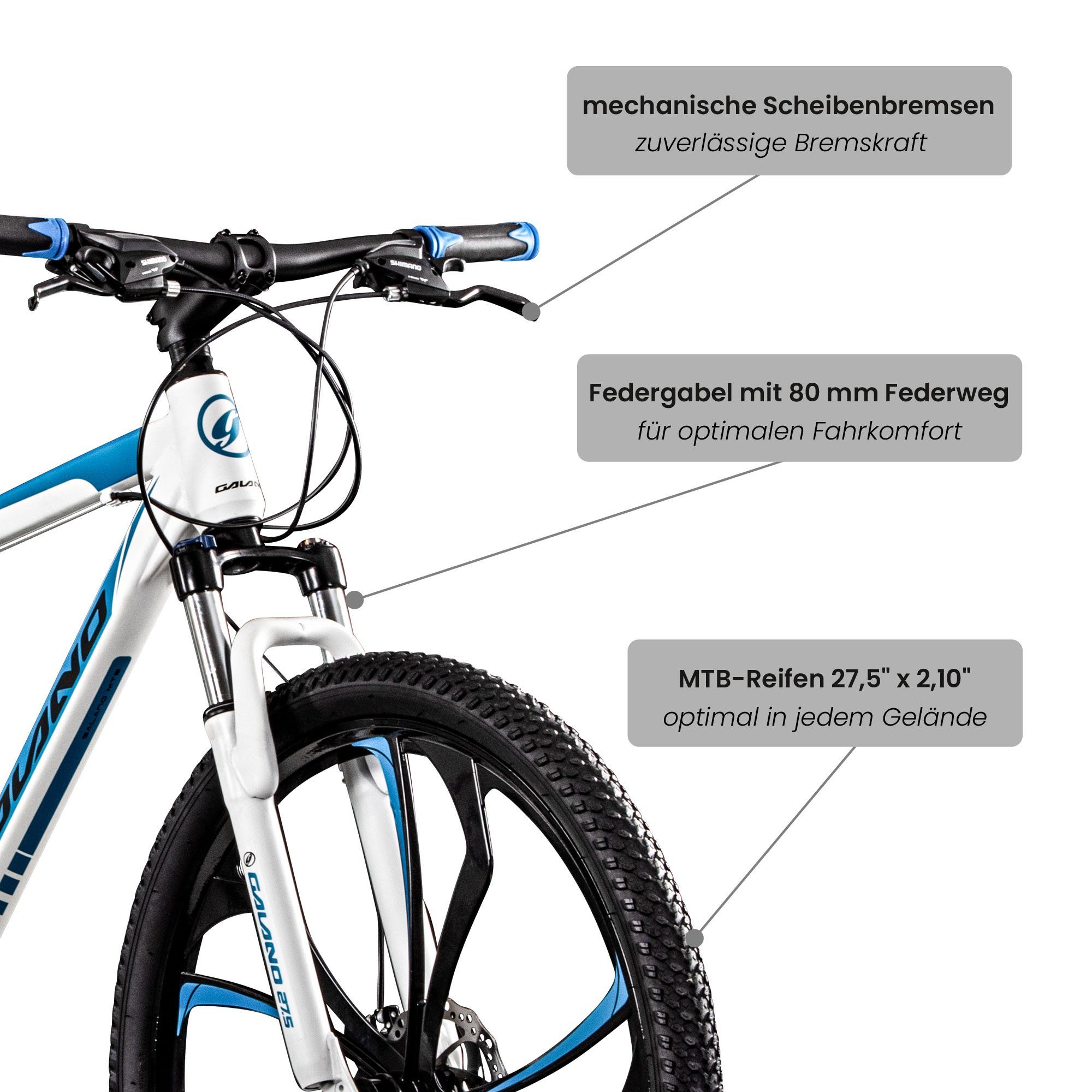 weiß/blau 165-185cm Galano MTB und Gang, Hardtail Jugendliche Kettenschaltung, Fahrrad Erwachsene Mountainbike Mountainbike Primal, 24