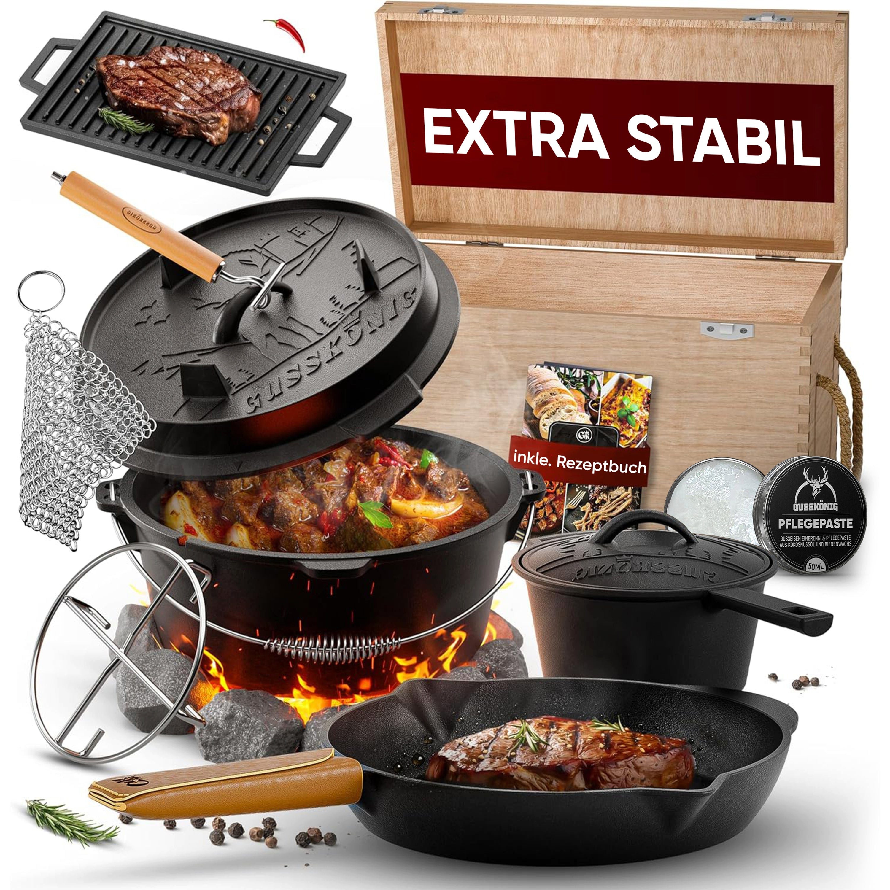 GUSSKÖNIG Schmortopf Dutch Oven in Holzbox 11tlg. mit Bratpfanne Saucentopf Deckelheber