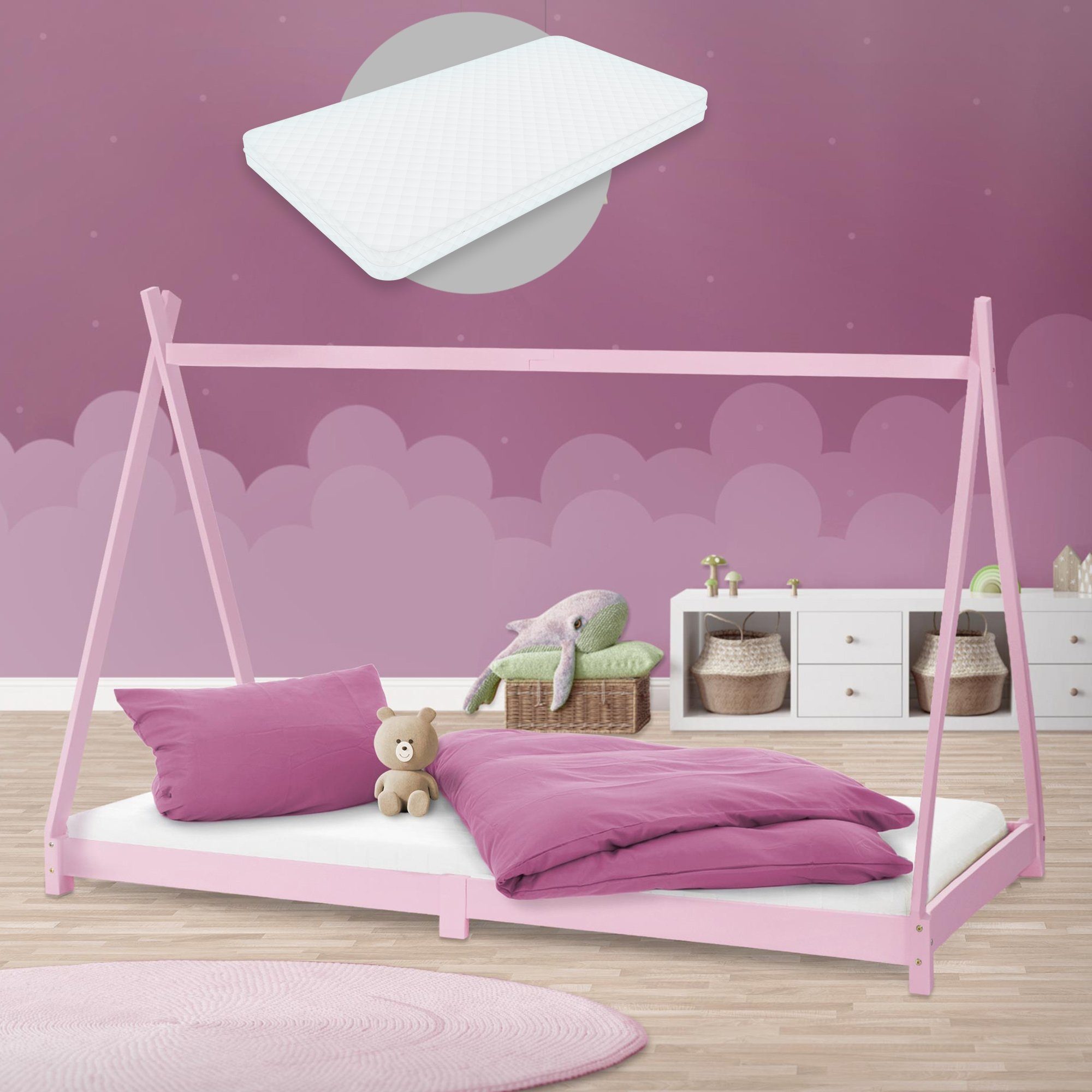 ML-DESIGN Kinderbett Kinderbett aus cm Lattenrost Rosa Tipi 90x200 und mit Matratze