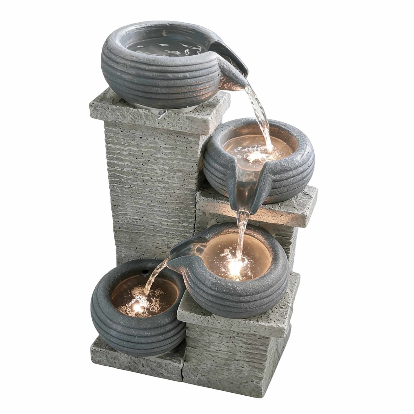 KOMFOTTEU Gartenbrunnen 4-stufiger Gartenbrunnen Wasserbrunnen, mit LED & Wasserfall, einstellbarer Pumpe