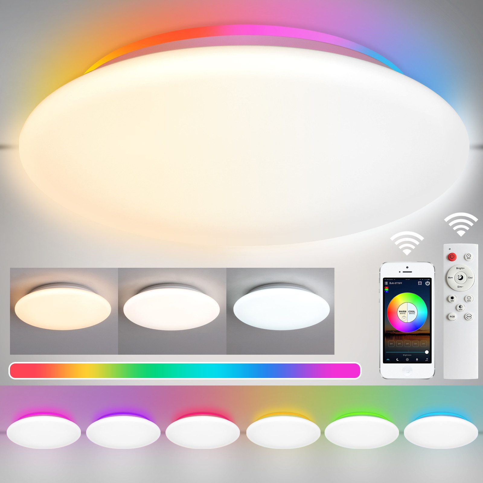 Qualra Tageslichtlampe LED Deckenleuchte 28K Deckenlampe 3000-6000K Dimmbar RGB Fernbedienung, 2240LM für Kinderzimmer Küche Badezimmer
