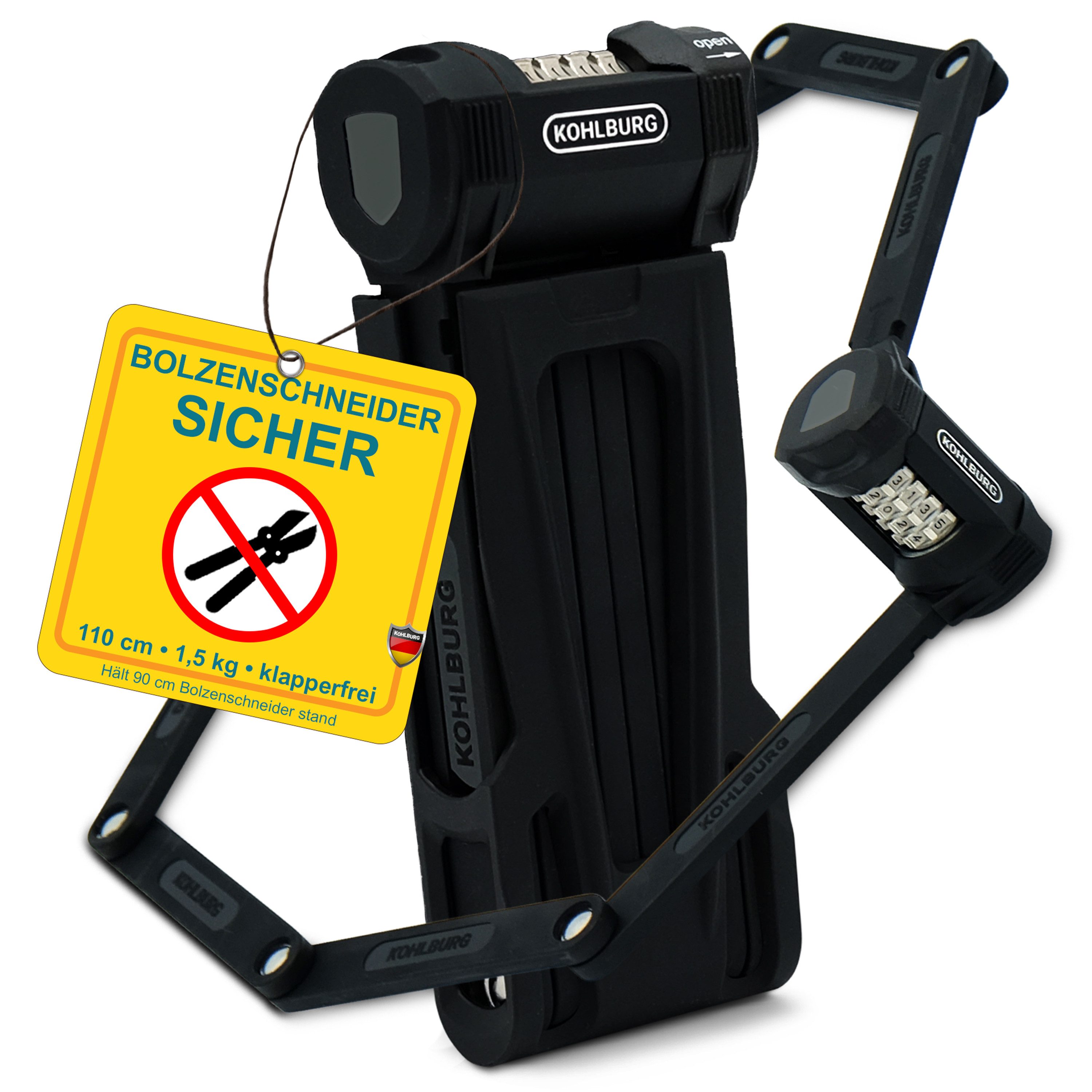 KOHLBURG Faltschloss Zahlenschloss [110cm lang & Bolzenschneider-sicher] Fahrrad & E-Bike, Sicherheitsschloss mit Zahlencode • Halterung • Fahrrad Zahlenschloss