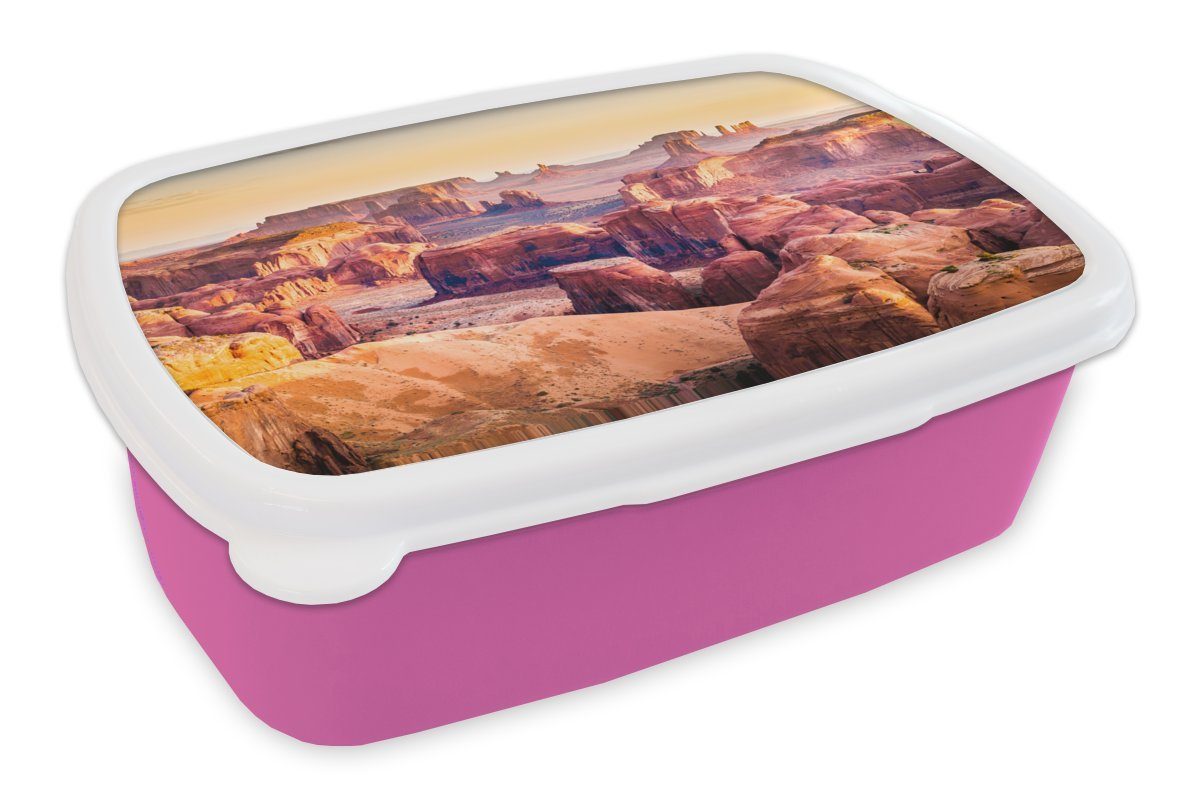 MuchoWow Lunchbox Panorama des Monument Valley in Amerika, Kunststoff, (2-tlg), Brotbox für Erwachsene, Brotdose Kinder, Snackbox, Mädchen, Kunststoff rosa