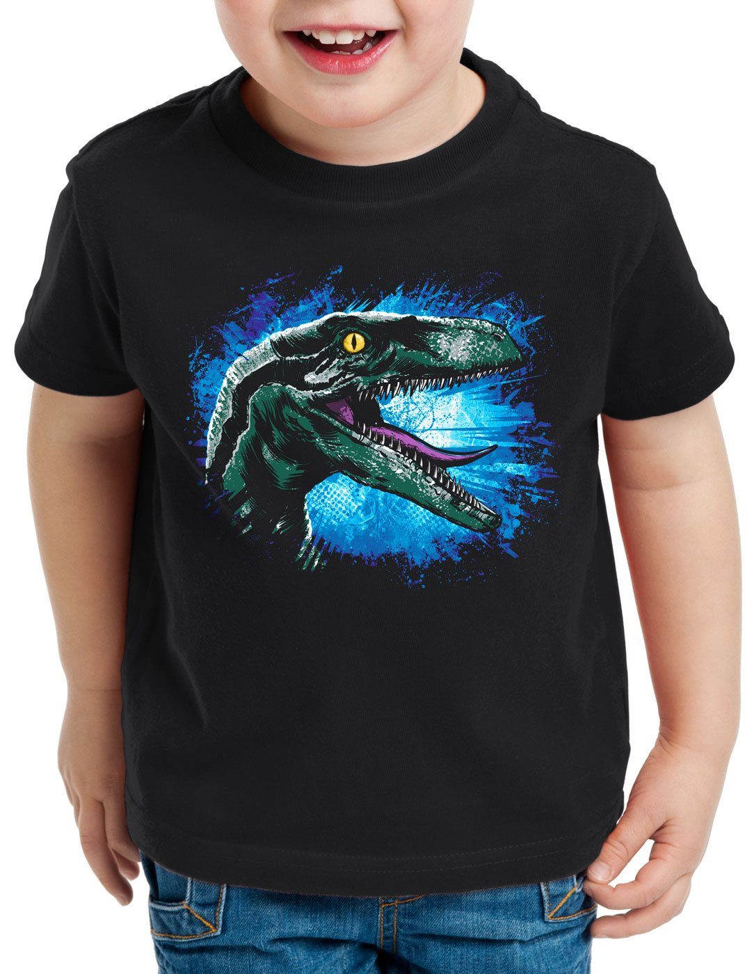 dinosaurier T-Shirt Velociraptor style3 Kinder Print-Shirt Blue park