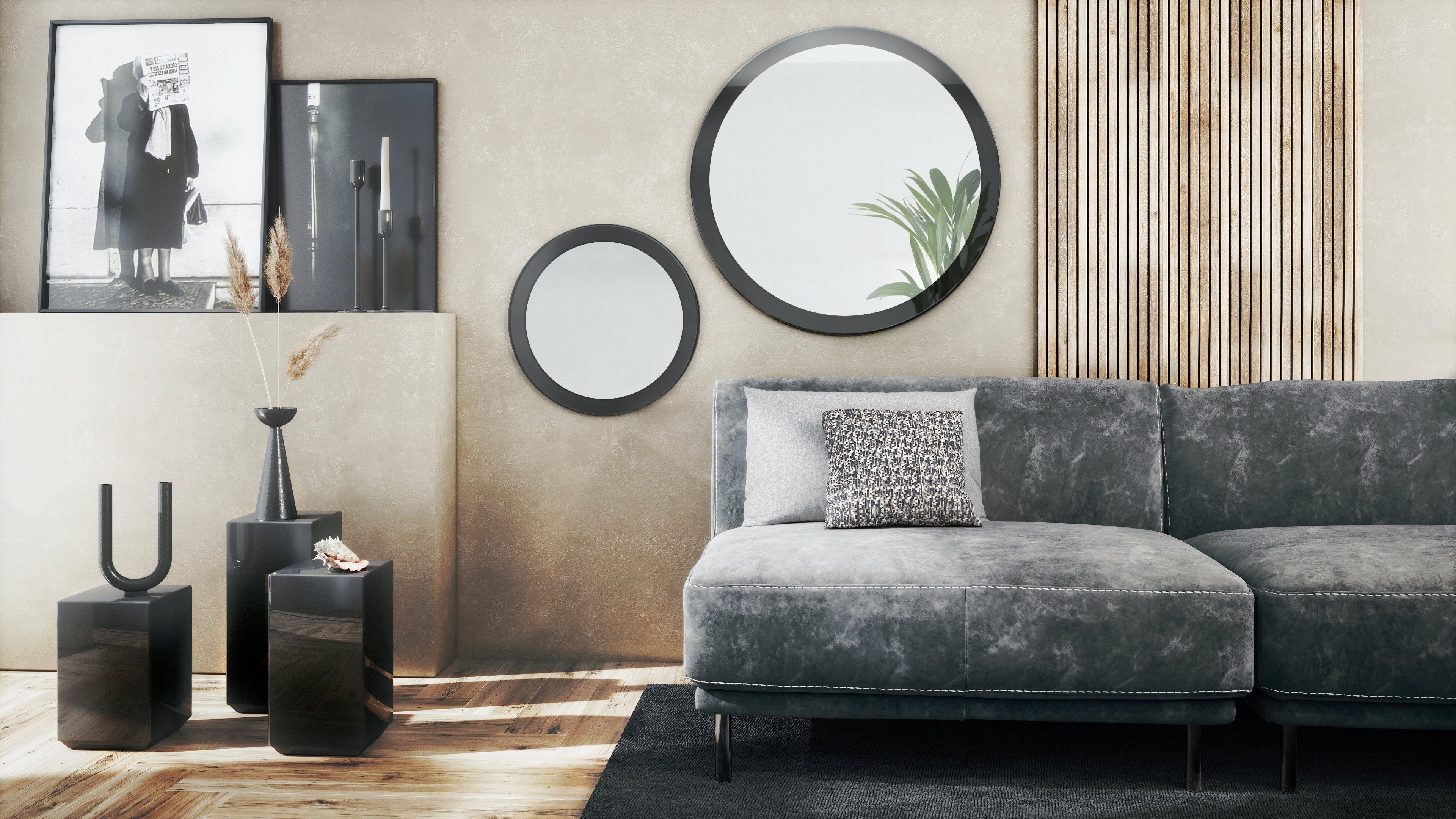 (50 cm (2 Flur MDF-Rahmen), Vladon Spiegel, Schwarz und mit Durchmesser) Globe 80 Wandspiegel dekorative Hochglanz runde für und Wohnzimmer in
