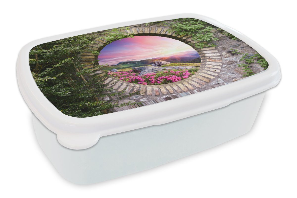 MuchoWow Lunchbox Landschaft - Blumen - Aussicht - Berg, Kunststoff, (2-tlg), Brotbox für Kinder und Erwachsene, Brotdose, für Jungs und Mädchen weiß
