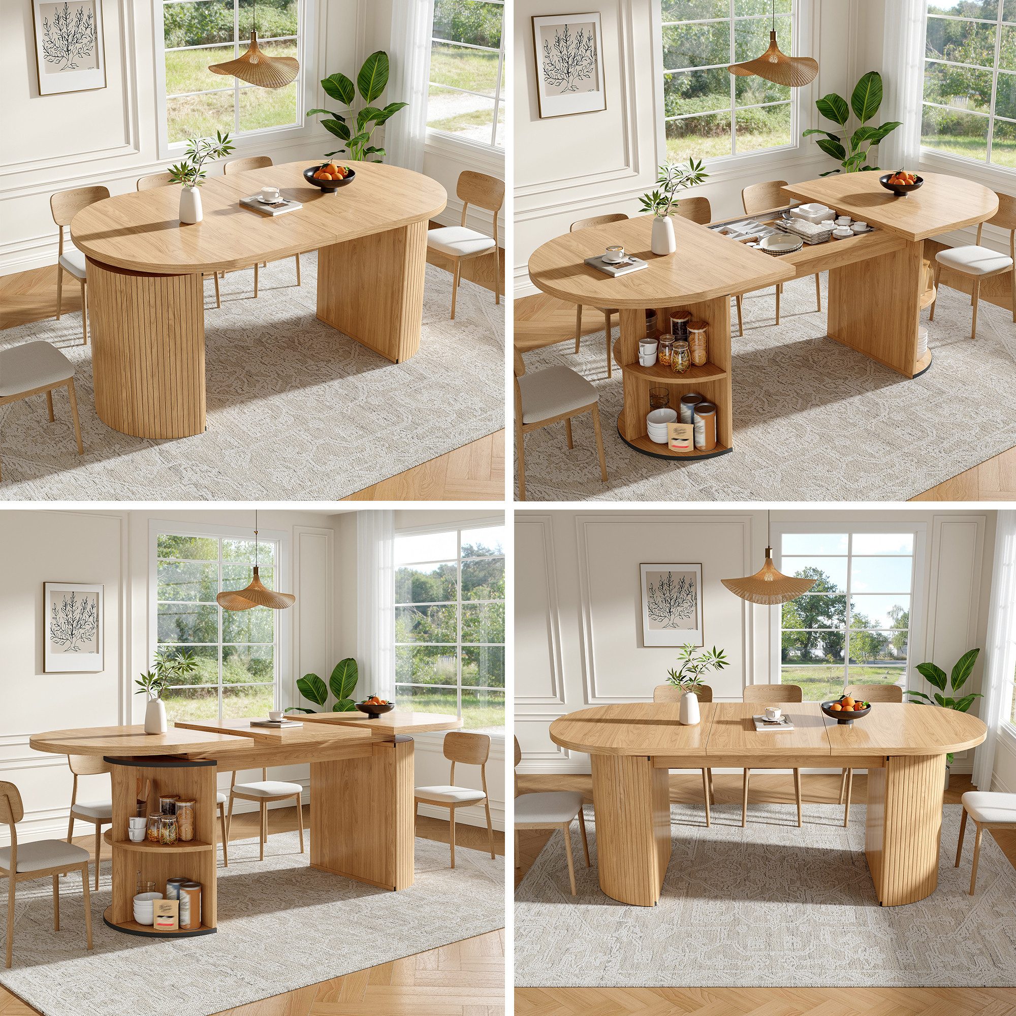 Flieks Esstisch ovaler Küchentisch mit ausziehbarer Tischplatten in Holzoptik (Länge 120-160/T80/H76 cm, 1-St., 1 Tisch), erweiterbarer Esszimmertisch mit versteckter Stauraum Bürotisch Natur