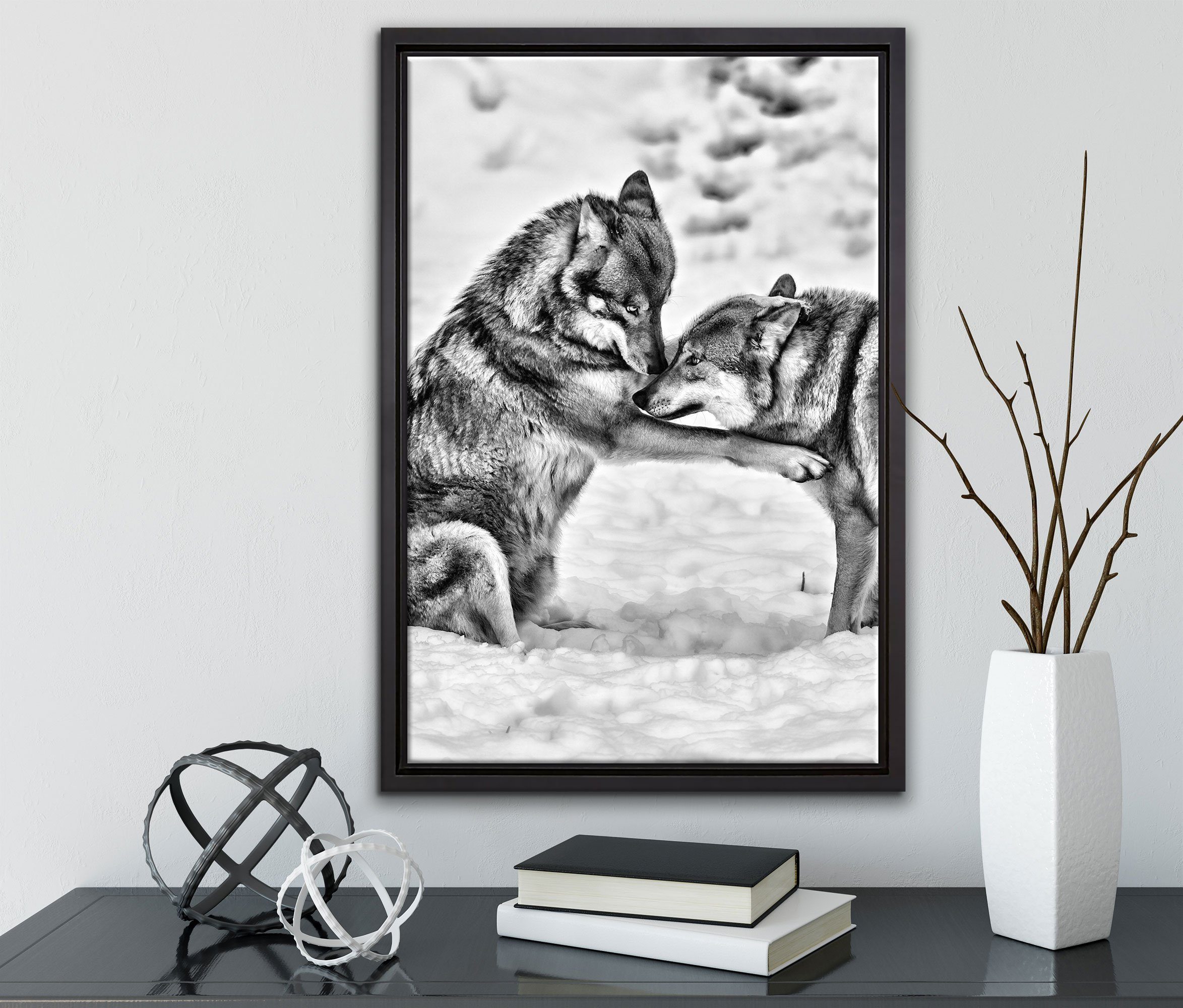 Pixxprint Leinwandbild spielendes Wolfsrudel, Schattenfugen-Bilderrahmen St), einem (1 inkl. Leinwandbild Wanddekoration Zackenaufhänger in fertig gefasst, bespannt