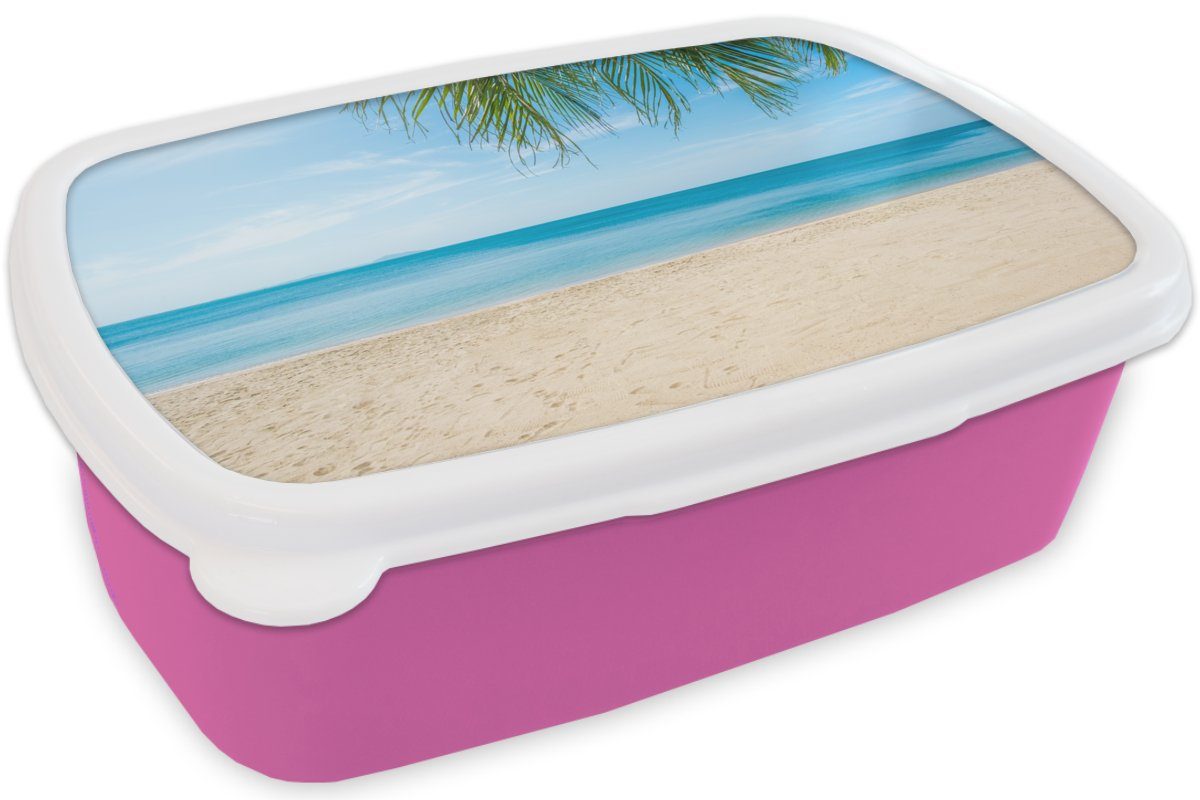 MuchoWow Lunchbox rosa Erwachsene, Brotdose Kunststoff - Kunststoff, Palme, (2-tlg), - Mädchen, für Brotbox Tropisch Kinder, Strand Snackbox