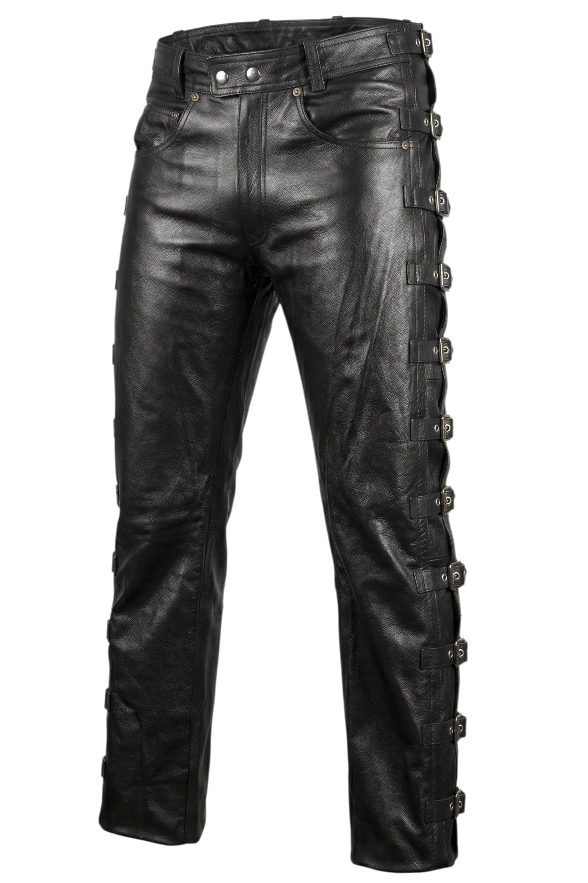 Lederhose Herren Lederhose Bikerjeans mit Schnallen aus Rindsleder Schwarz Lang