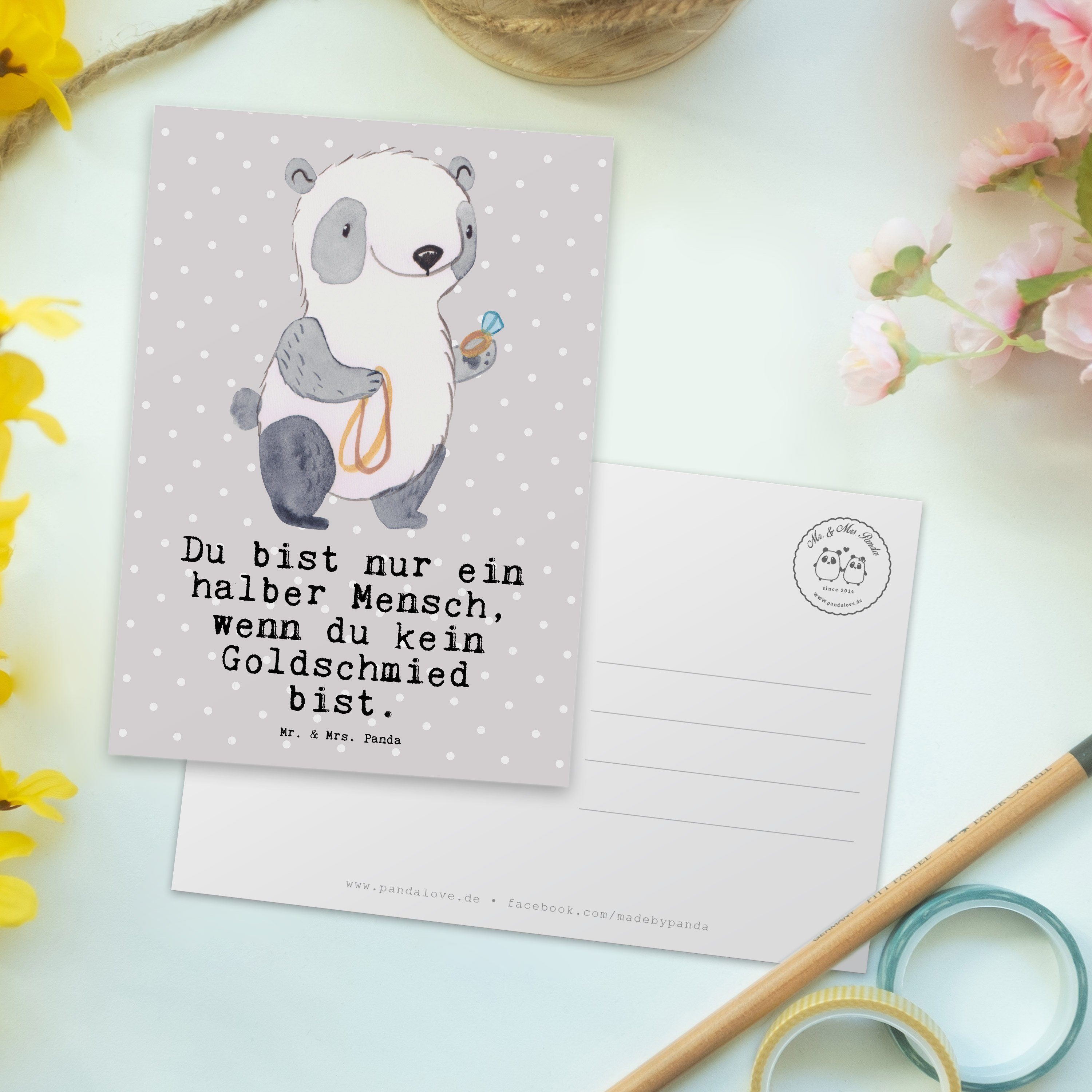 Mr. & Mrs. Panda Postkarte Goldschmied mit Herz - Grau Pastell - Geschenk, Karte, Schmuckwarenhä
