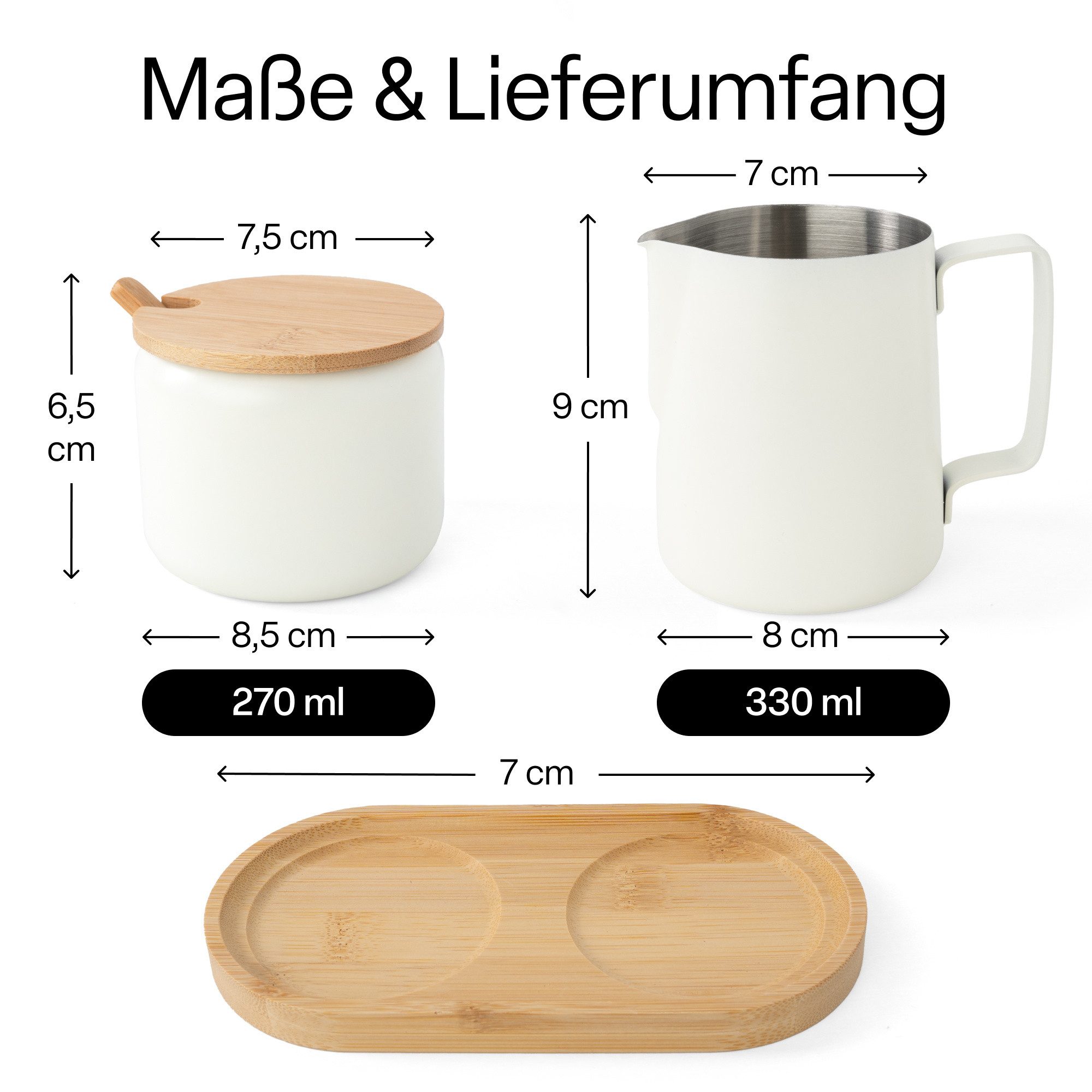 MiaMio Milch- und Zuckerset mit Serviertablett, mattweiß (5-tlg), Edelstahl, Sahnekännchen 330 ml und Zuckerdose 270 ml