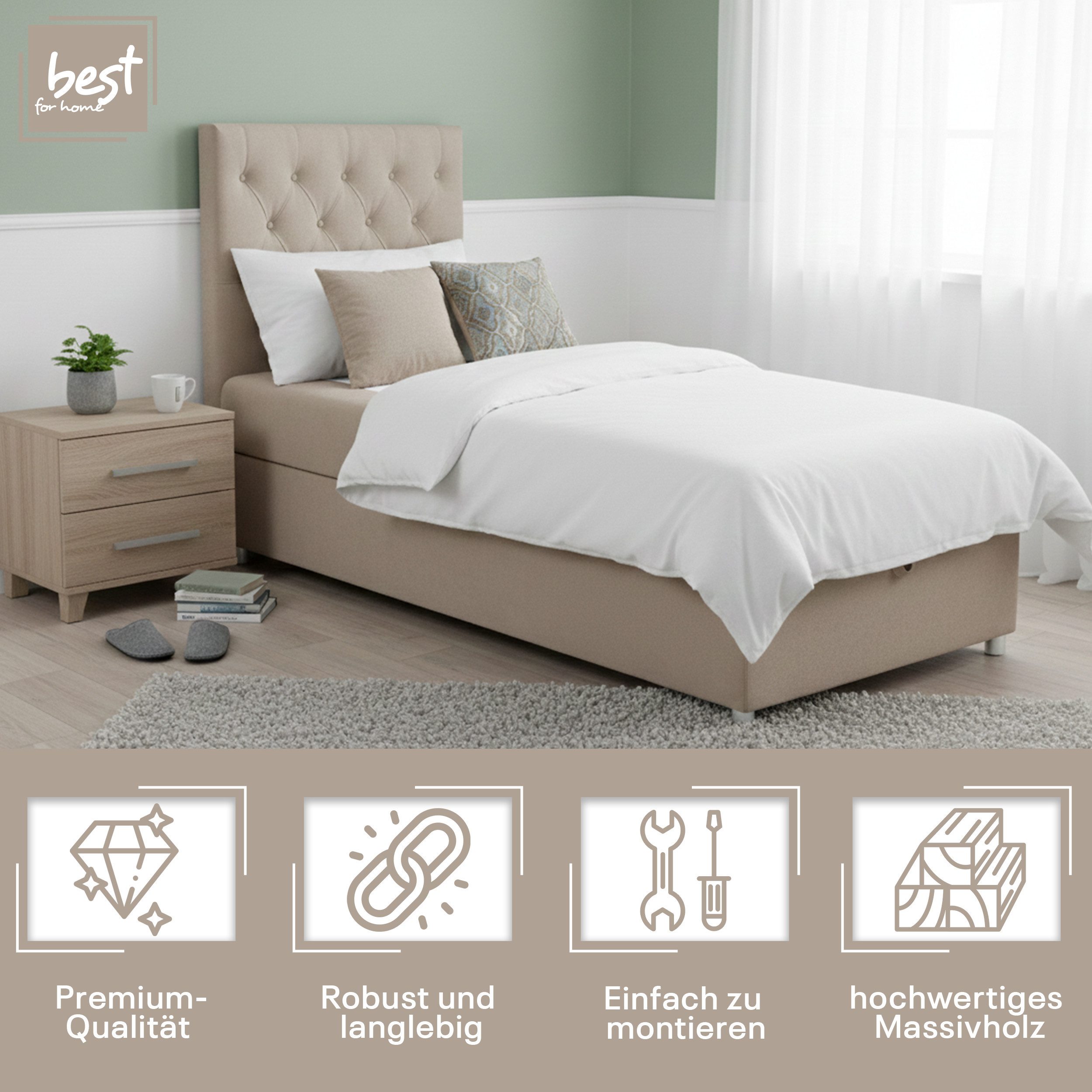 Best for Home Boxspringbett Trinity K-14 mit Bettkasten & PUR-Topper Komfort – Einzelbett (Komplettset, 1-St., 70x200 80x200 90x200 100x200 cm), Stauraumfunktion, 18 cm Bonellfederkernmatratze H3