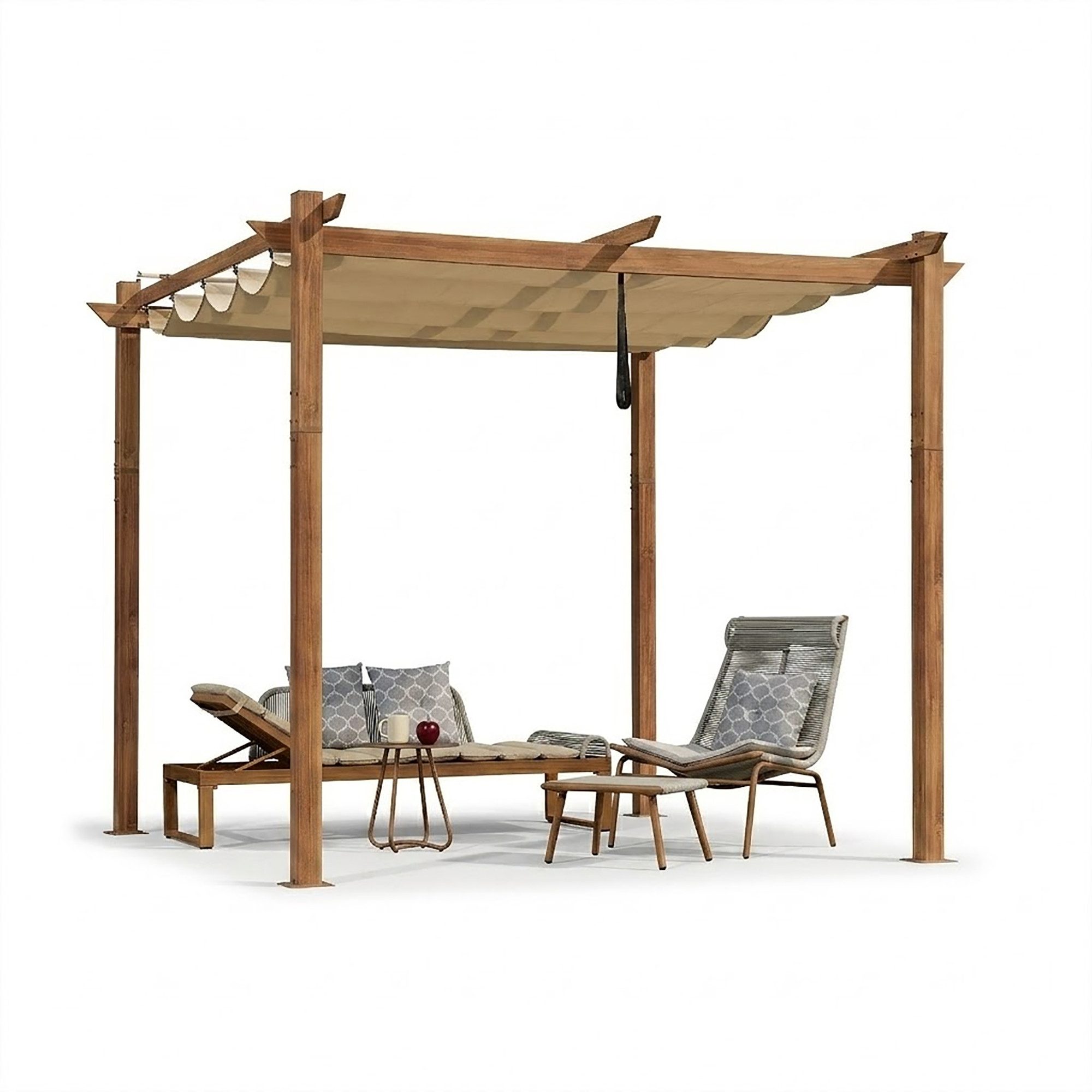 Pergola Holzoptik Pavillon mit einziehbarem Dach, Alu Terrassenüberdachung