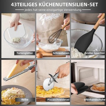 PFCTART Kochbesteck-Set 43 Stück Antihaft Hitzebeständige Silikon Kochutensilien Set (mit Holzgriff zum Backen Kochen und Mische), Beste Küchenutensilien mit Halter