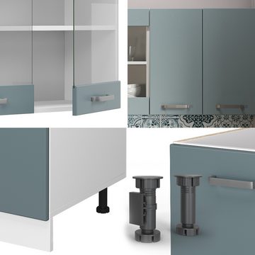 Livinity® Küchenzeile R-Line, Blau-Grau/Weiß, 140 cm, AP Eiche