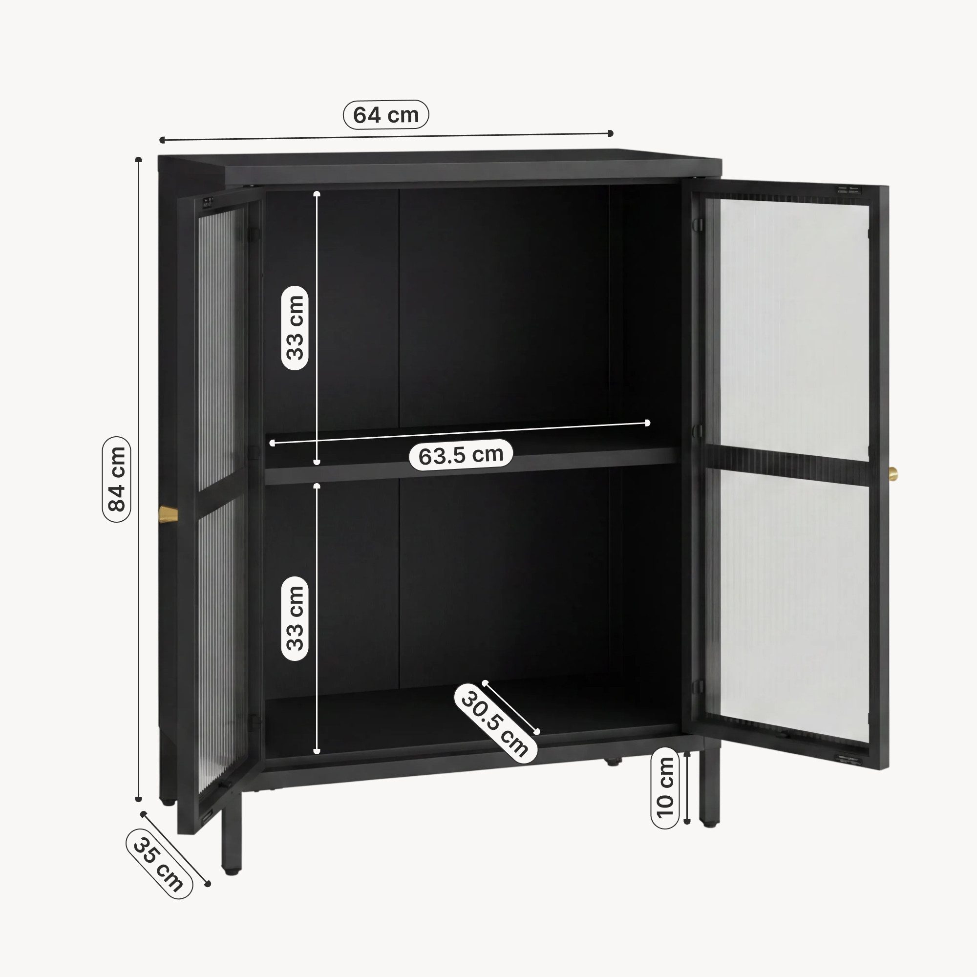 en.casa Sideboard, »Säkylä« Stahl mit 2 Glastüren geriffelt 84x64x35 cm Schwarz