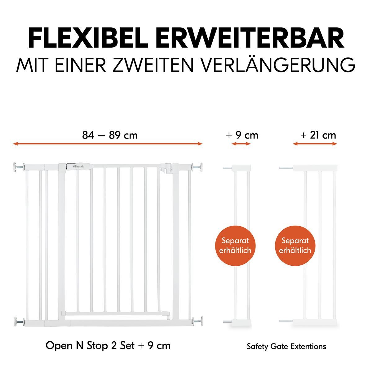 Hauck Türschutzgitter Open N Stop 2 - White, Treppenschutzgitter Set mit Verlängerung & 3x Klemmschutz ohne Bohren