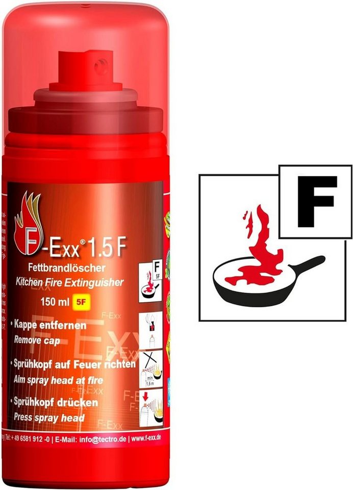 F-Exx Feuerlöschspray F-Exx® 1.5 F - Der kleine Fettbrandlöscher für die  Küche, Elastomer-Kraftkörper (kein Treibgas), Schaum, (2-St) Treibgasfrei