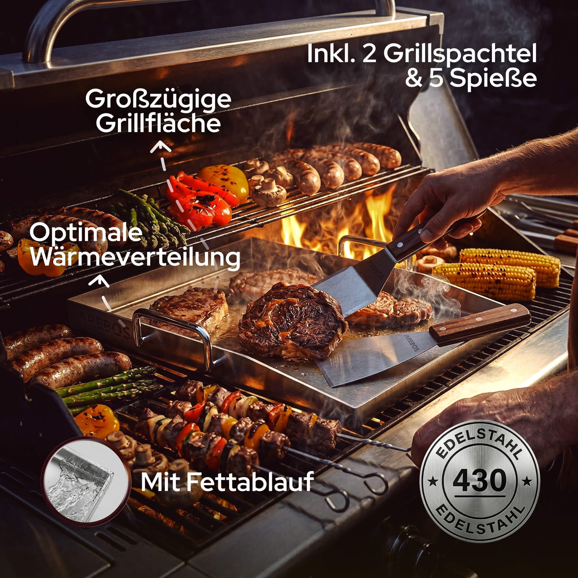 Arebos Grillplatte Edelstahle Grillplatte 40x30 cm Plancha für Gas & BBQ (Set), Fettablauf, versiegelte Kanten, inkl. Zubehör, vielseitig einsetzbar