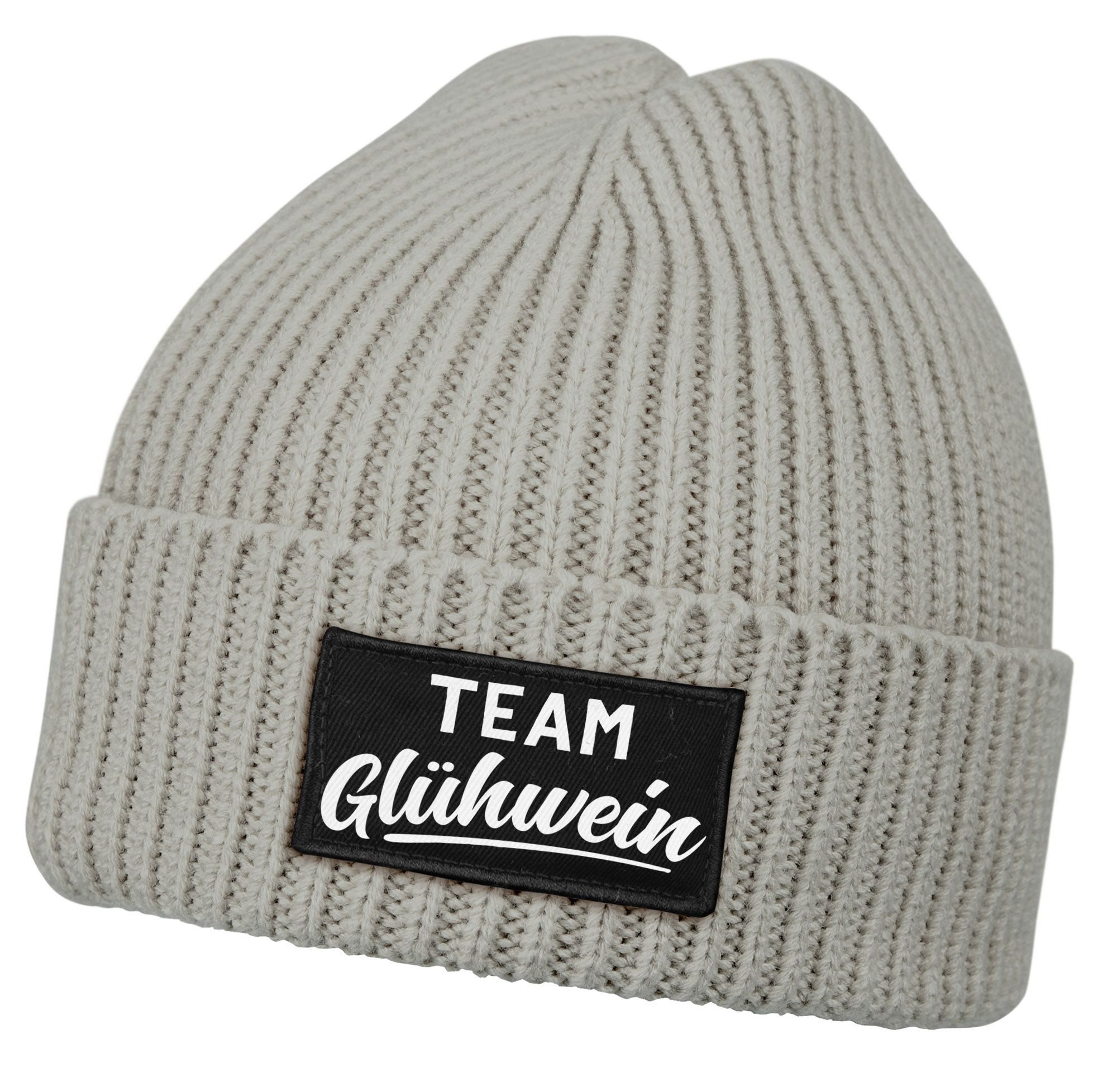 Strickmütze Damen Beanie mit Patch Strickmütze mit Spruch Team Glühwein Aufdruck