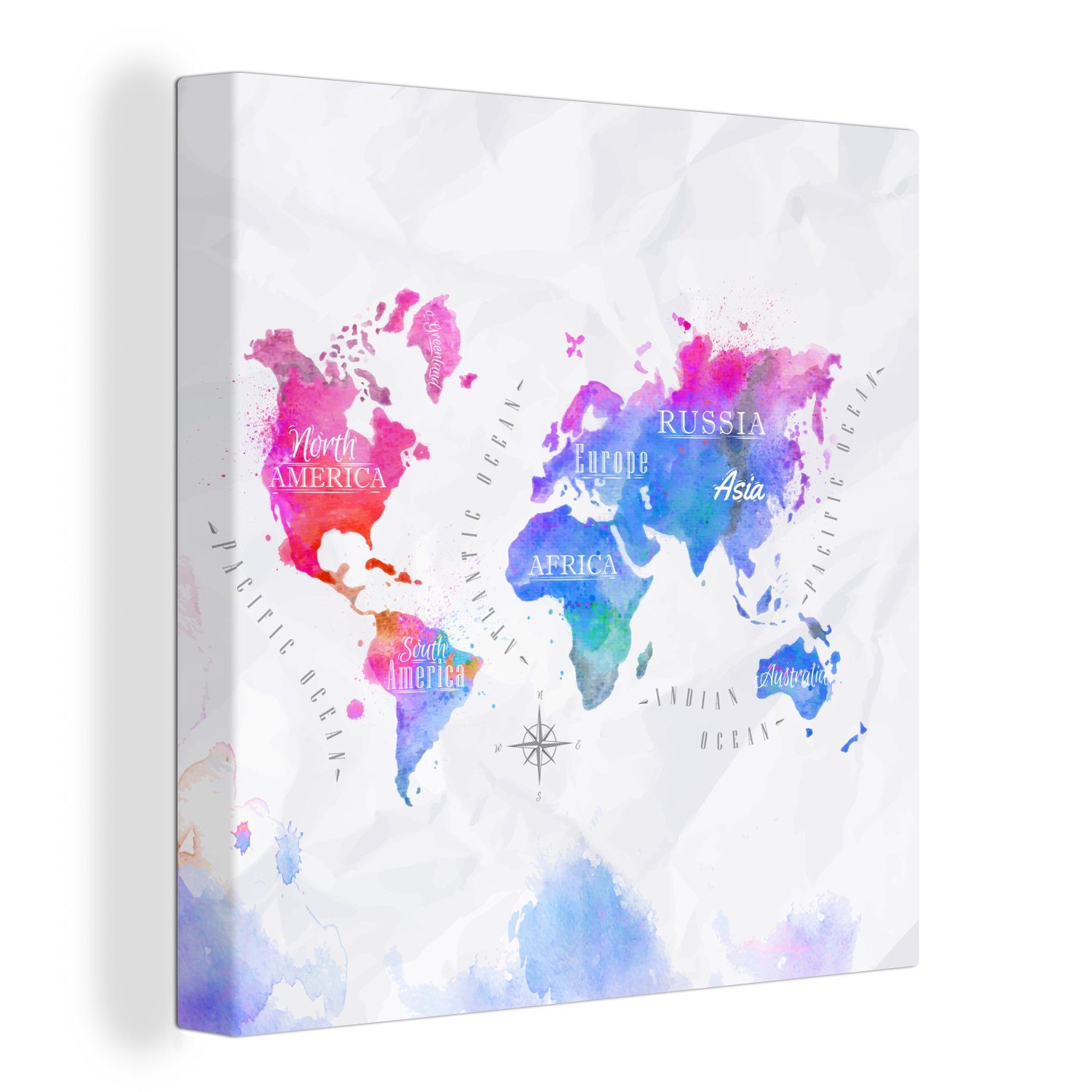 OneMillionCanvasses® Leinwandbild Weltkarte - Topographie - Aquarell, (1 St), Leinwand Bilder für Wohnzimmer Schlafzimmer | Leinwandbilder