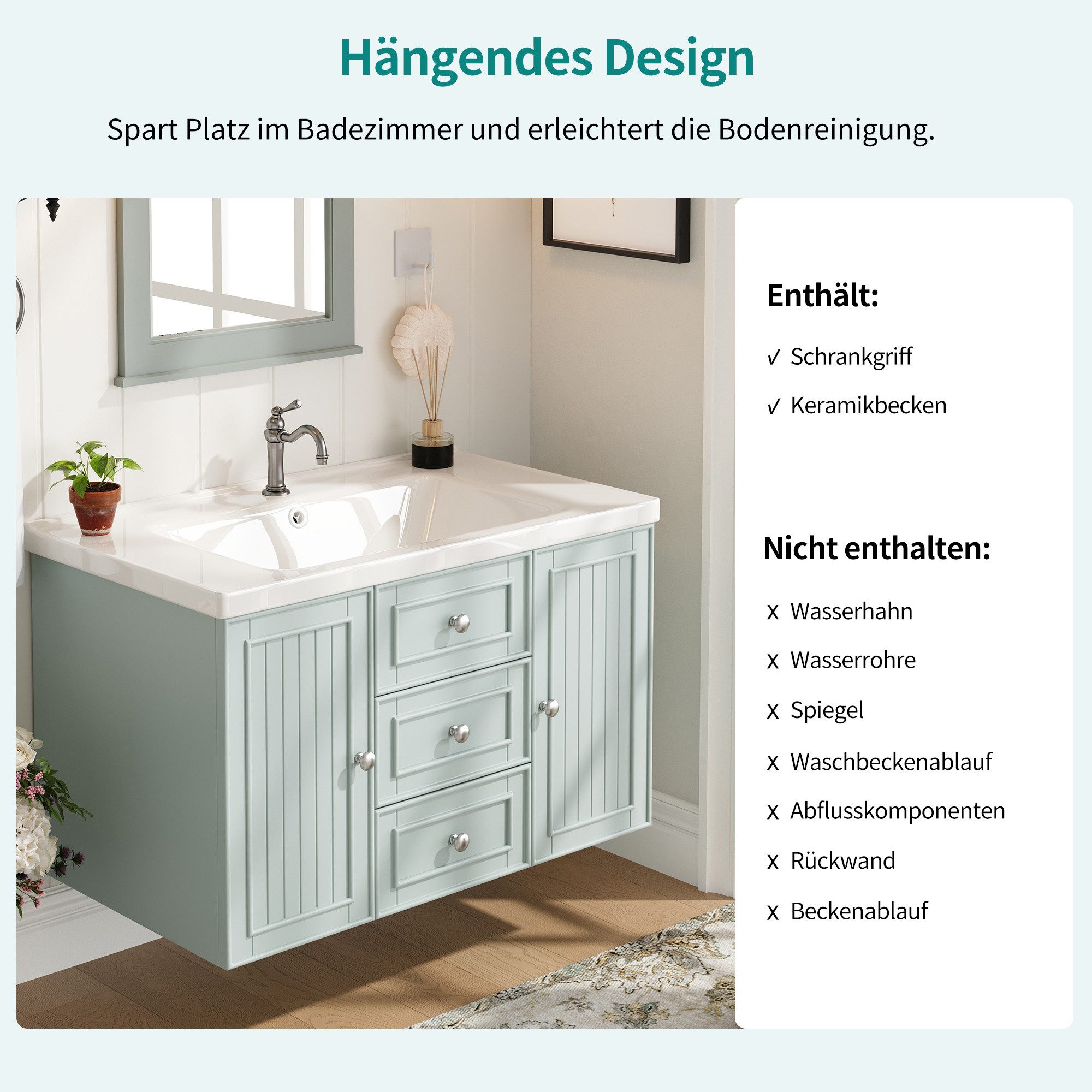 Celya Waschbeckenunterschrank Waschtischunterschrank mit Schubladen und Türen Badezimmerschrank (Mit Keramik-Waschbecken) wandhängend,Viel Stauraum,Wasserdichte – Bild 3 von 5