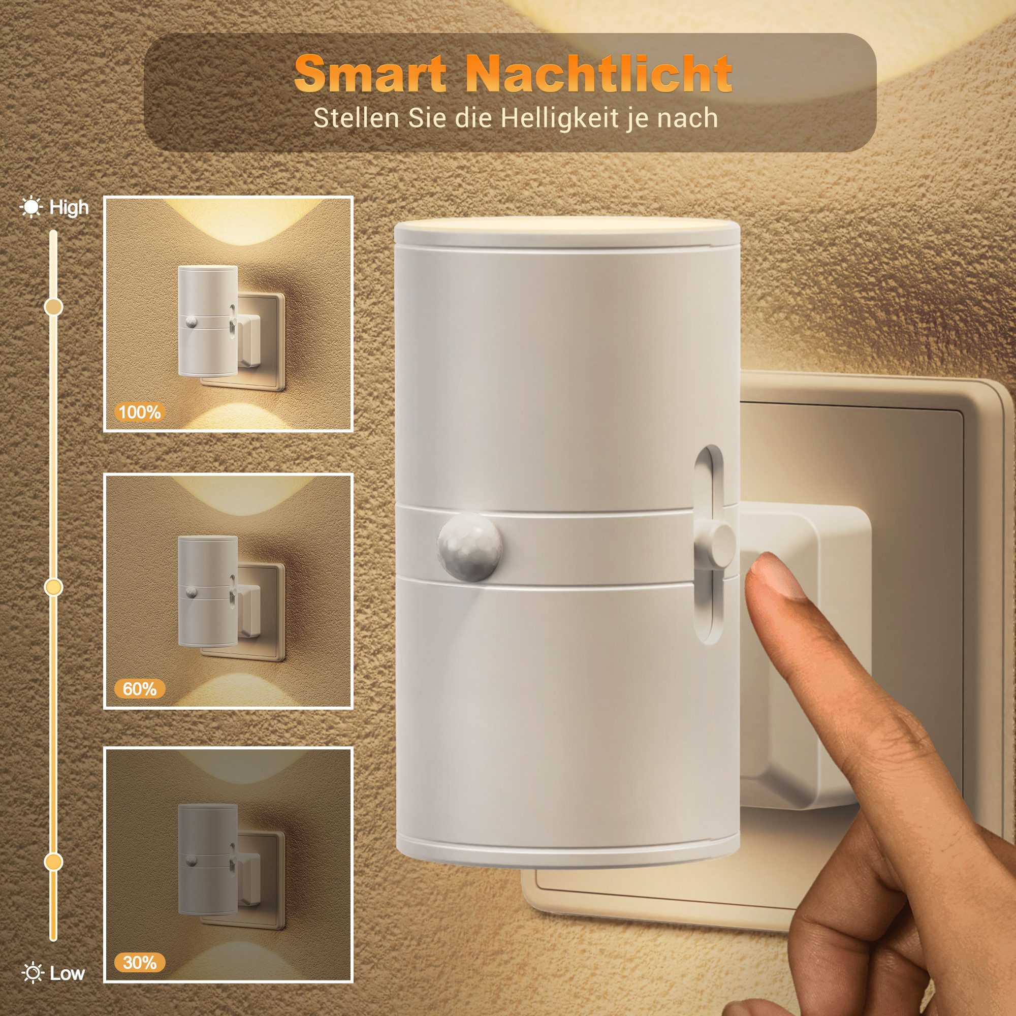LOHAS-LED Nachtlicht Zylinder Bewegungssensor Weiß – 1W 3000K Dimmbar, deutscher Stecker, LED fest integriert, Warmweiß – Bild 5 von 5