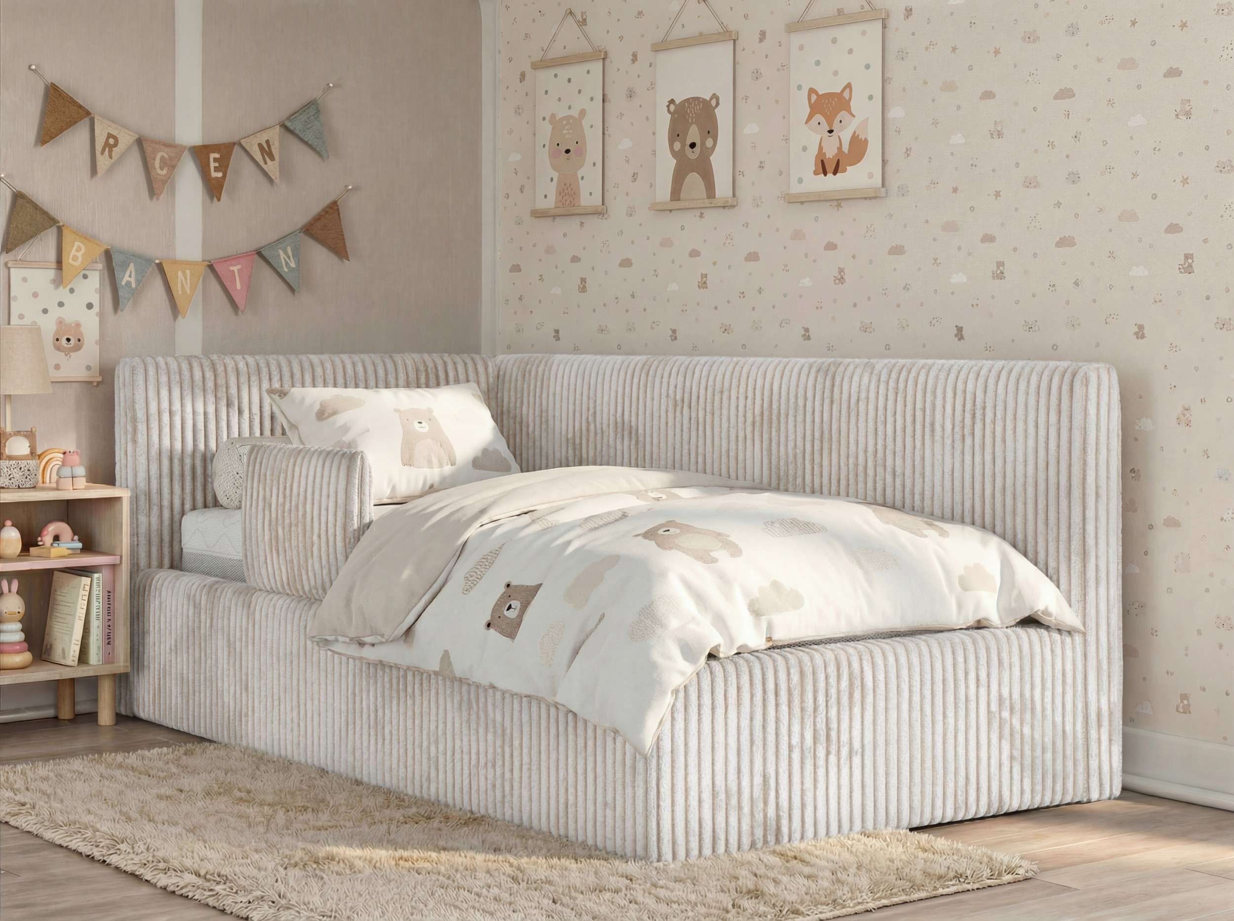 MKS MÖBEL Kinderbett TILVO ALTA (Set, Cordstoff Bett, inkl. Lattenrost, Bettkasten, Sicherheitsbarriere & Kopfteil), Eckbett mit Stauraum, Rausfallschutz & Gasdruckfedern