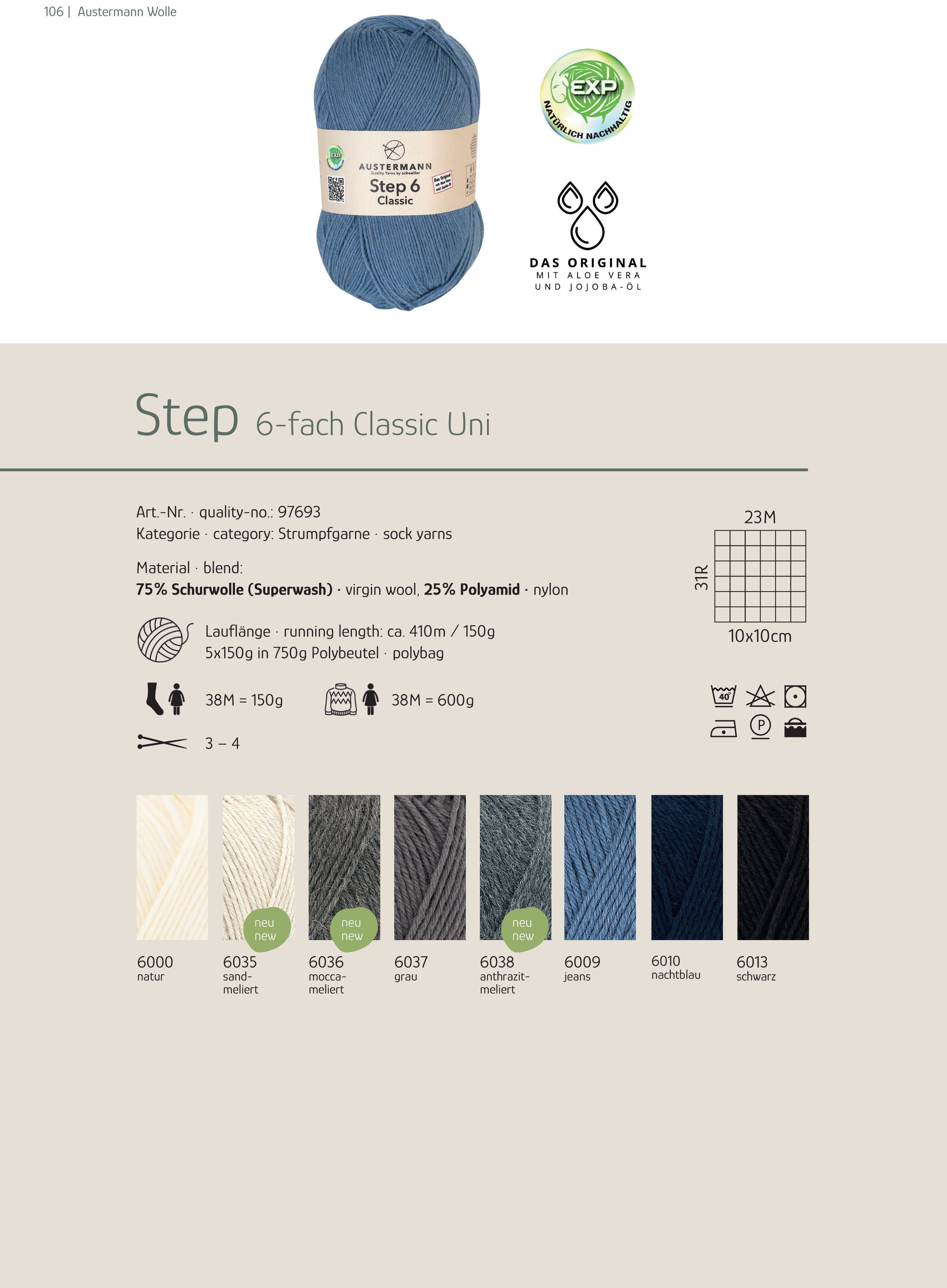 Austermann Step 6-fach Uni Häkelwolle, 410 m, Garn mit EXP Ausrüstung, kaschmierartiger Griff