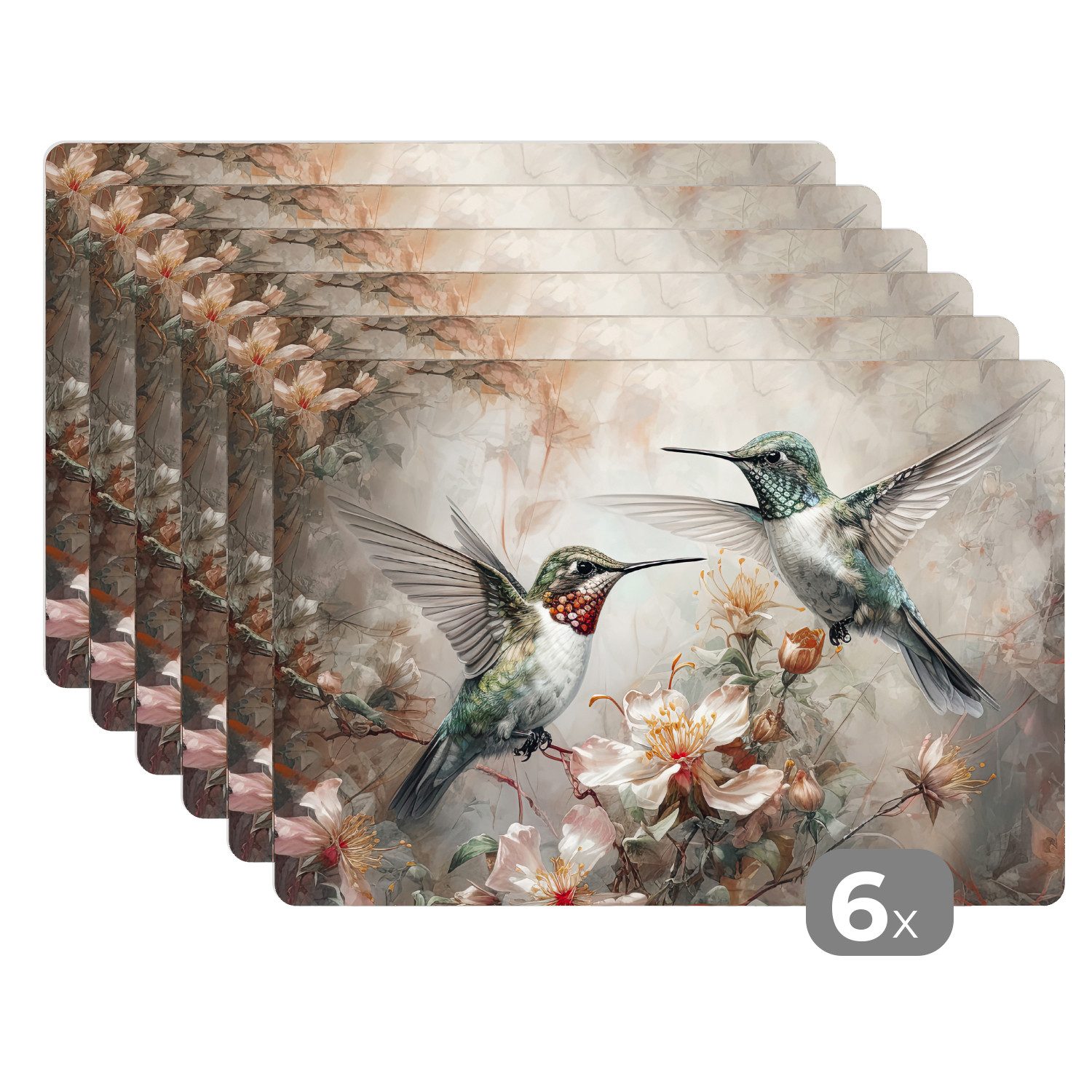 MuchoWow Platzset Kolibri - Vögel - Blumen - Pflanzen, (6-St), Platzsets, Tischset, Abwaschbar, Tischsets, Platzdeckchen