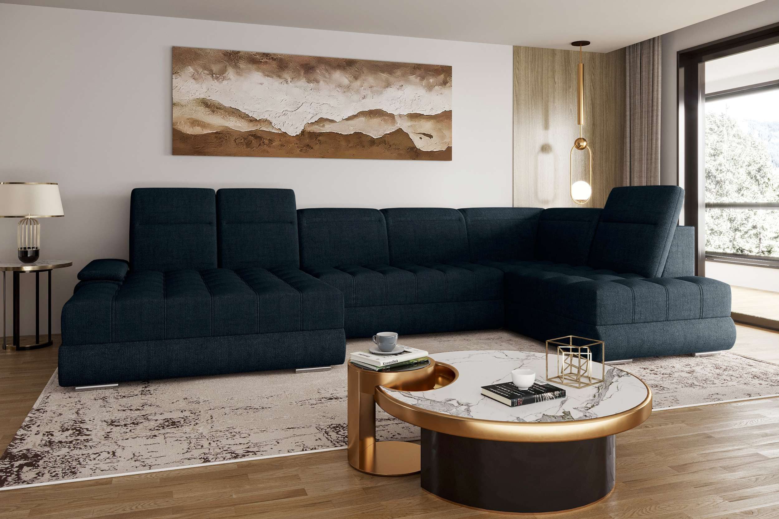 99rooms Wohnlandschaft Toscana, Sofa, U-Form, Bettfunktion, Rundumbezug aus gepolstertem Velours VOGUE