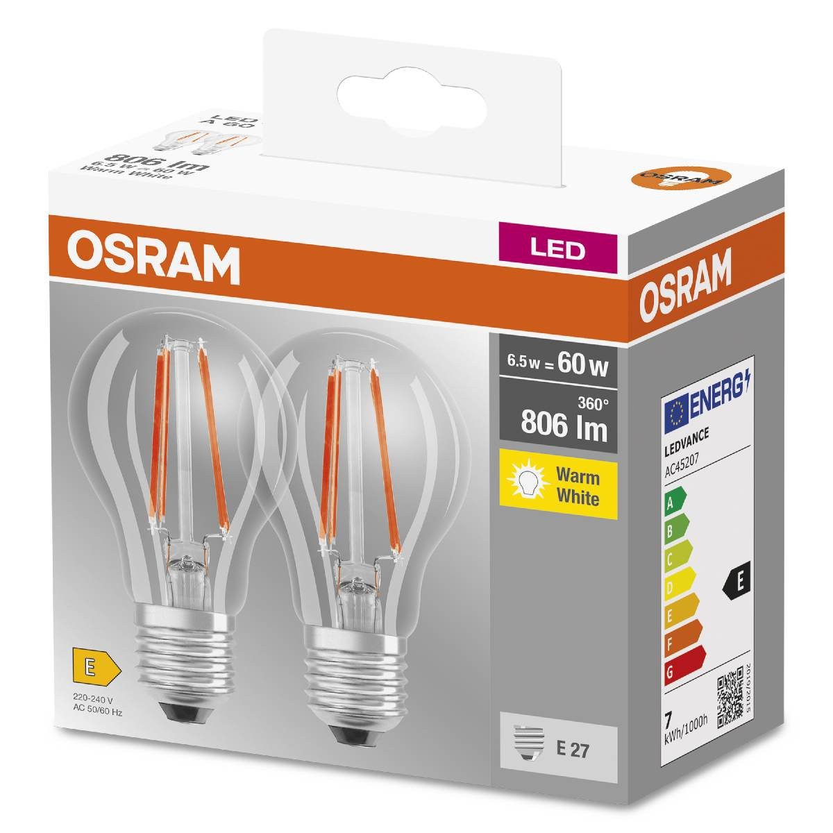Osram LED-Leuchtmittel Osram 2x LED Glühbirne BASE CLASSIC A 60 6,5W = 60W E27 806lm 2700K