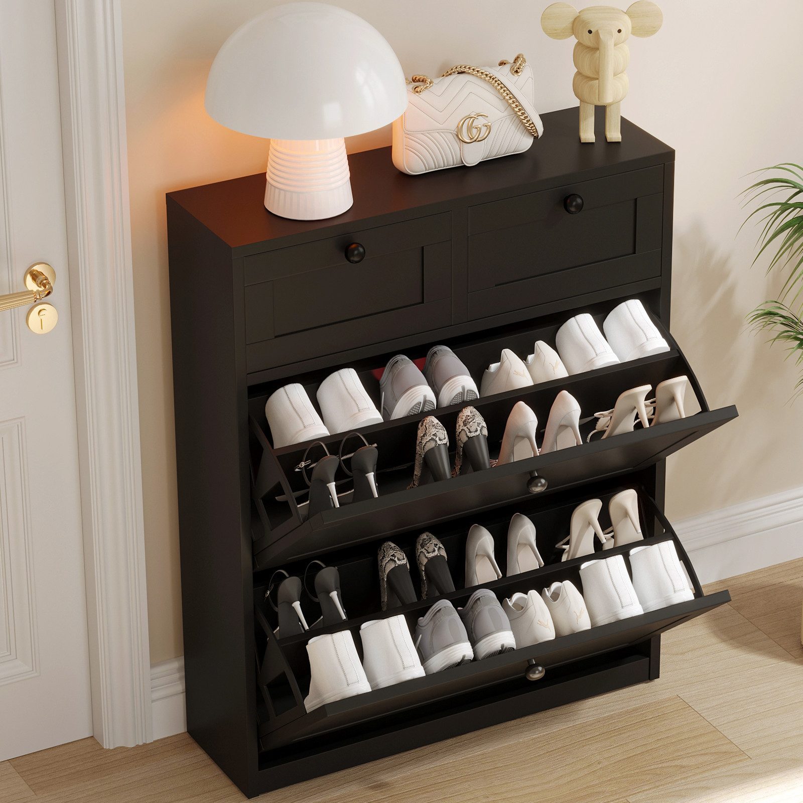 VOWNER Schuhschrank mit 2 Klappen, Schuhregal, 80 x 24 x 100 cm Schwarz – Bild 5 von 5