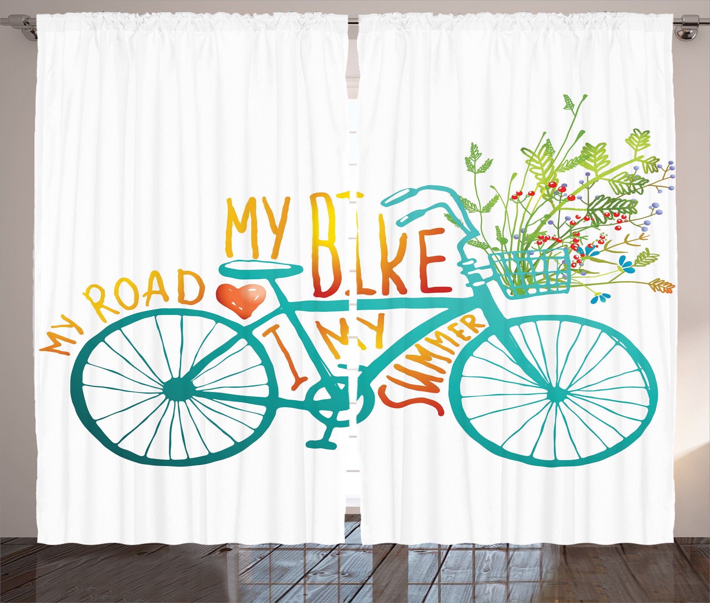 Blumen und Schlafzimmer Haken, Sommer mit Blaues mit Fahrrad Schlaufen Gardine Kräuselband Abakuhaus, Vorhang