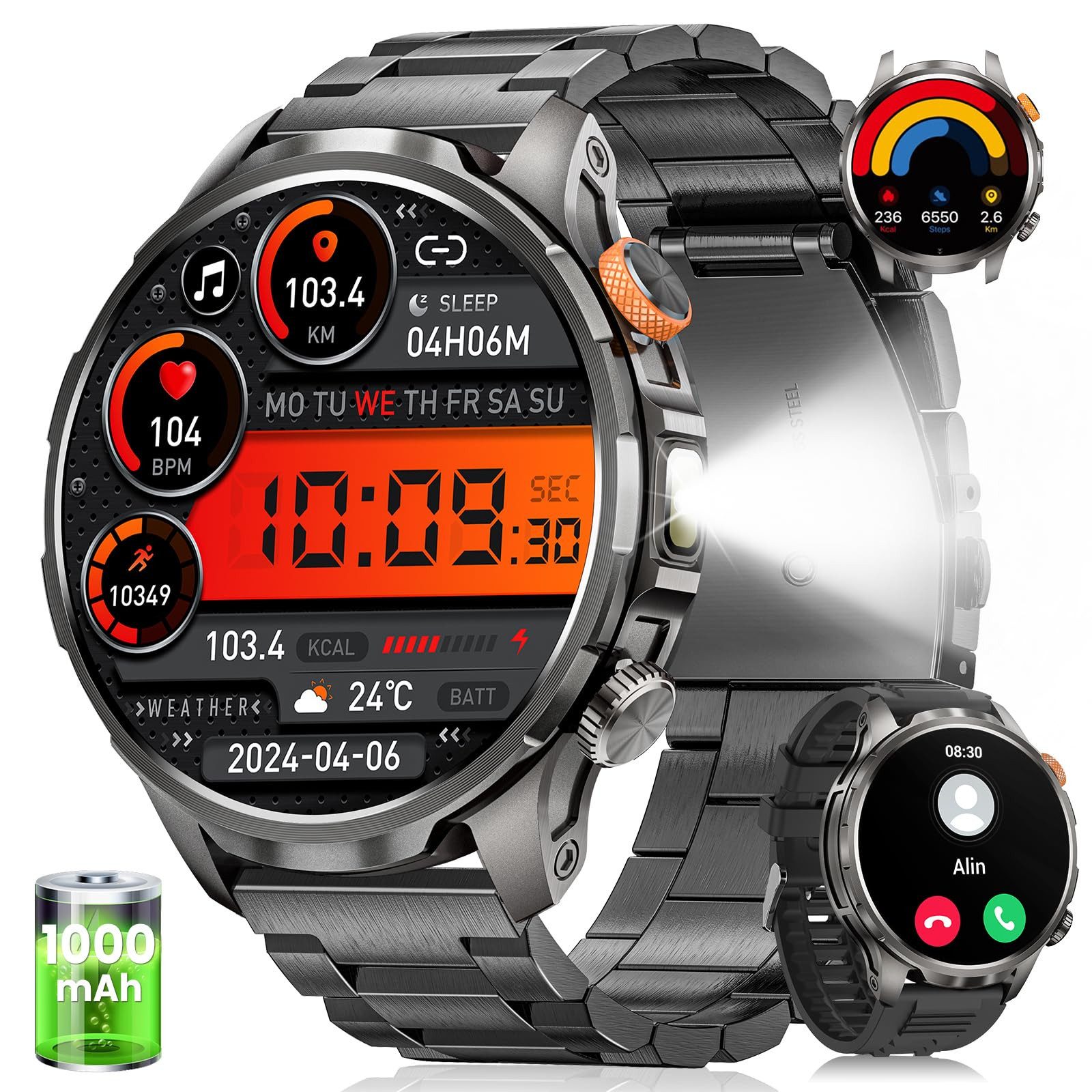 Zevelora Trail 1000 Militär-Smartwatch Herren AMOLED-Display 1000-mAh-Akku Smartwatch (4,85 cm/1,91 Zoll, Android/iOS) Set, mit Stahlarmband und Silikonarmband, 1000-mAh-Akku, LED-Taschenlampe, Bluetooth-Telefonie
