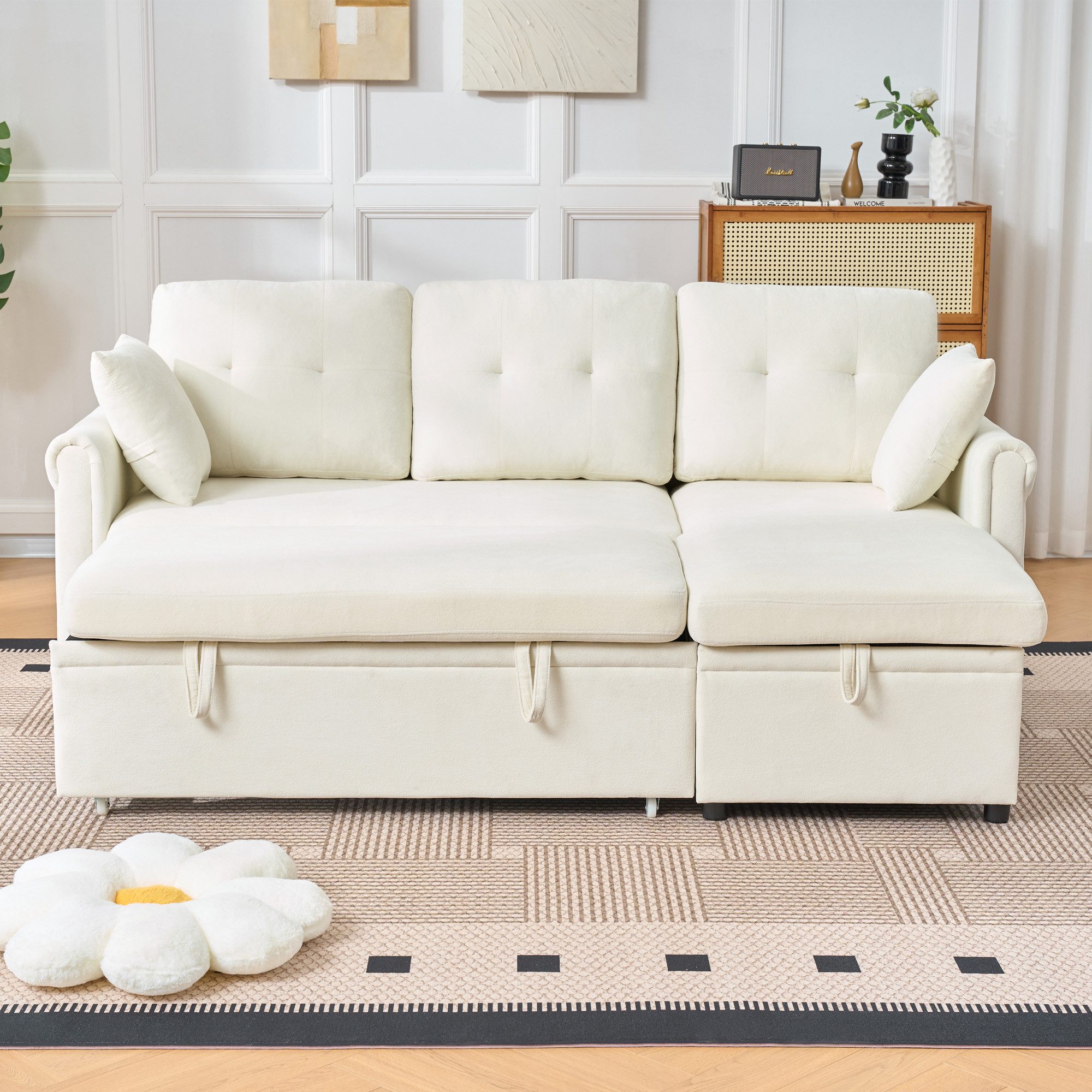 OKWISH Ecksofa mit Schlaffunktion, L-Form Sofa aus Samt,beidseitig montierbar 1 Teile