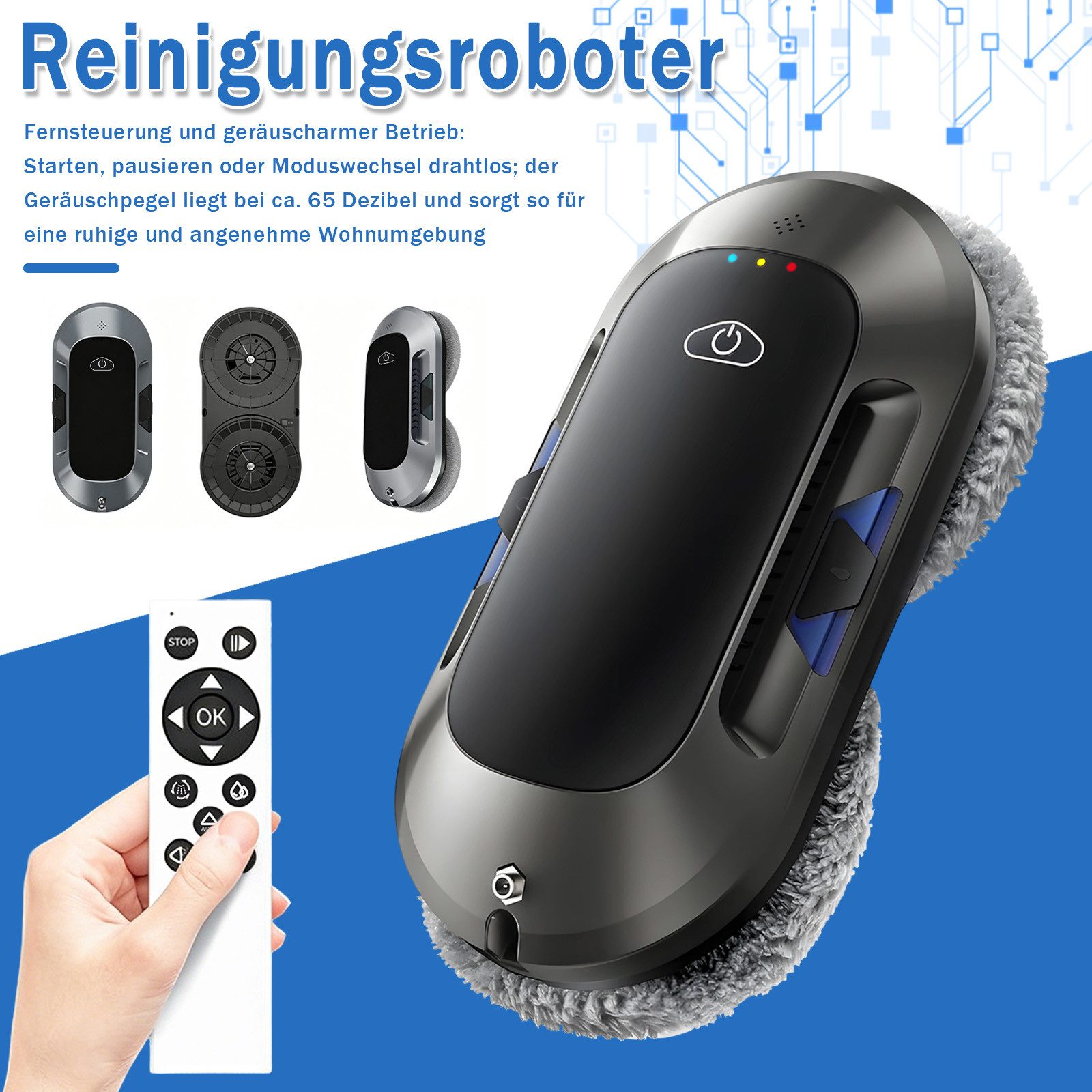 AKKEE Fensterputzroboter mit automatischer 2-Wege-Sprühfunktion, 6000 Pa starker Saugkraft, Fenstersauger mit 60mL-Wassertank, Fernbedienung