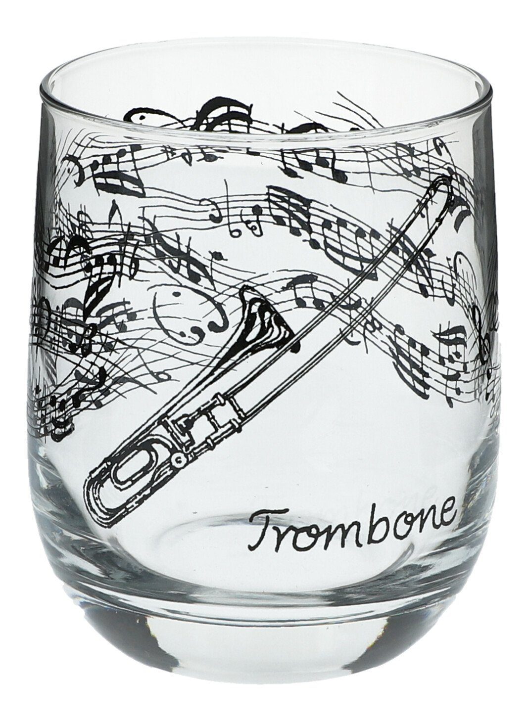 Musikboutique Glas, Trinkgefäß, bedruckt mit Posaunen-Motiv